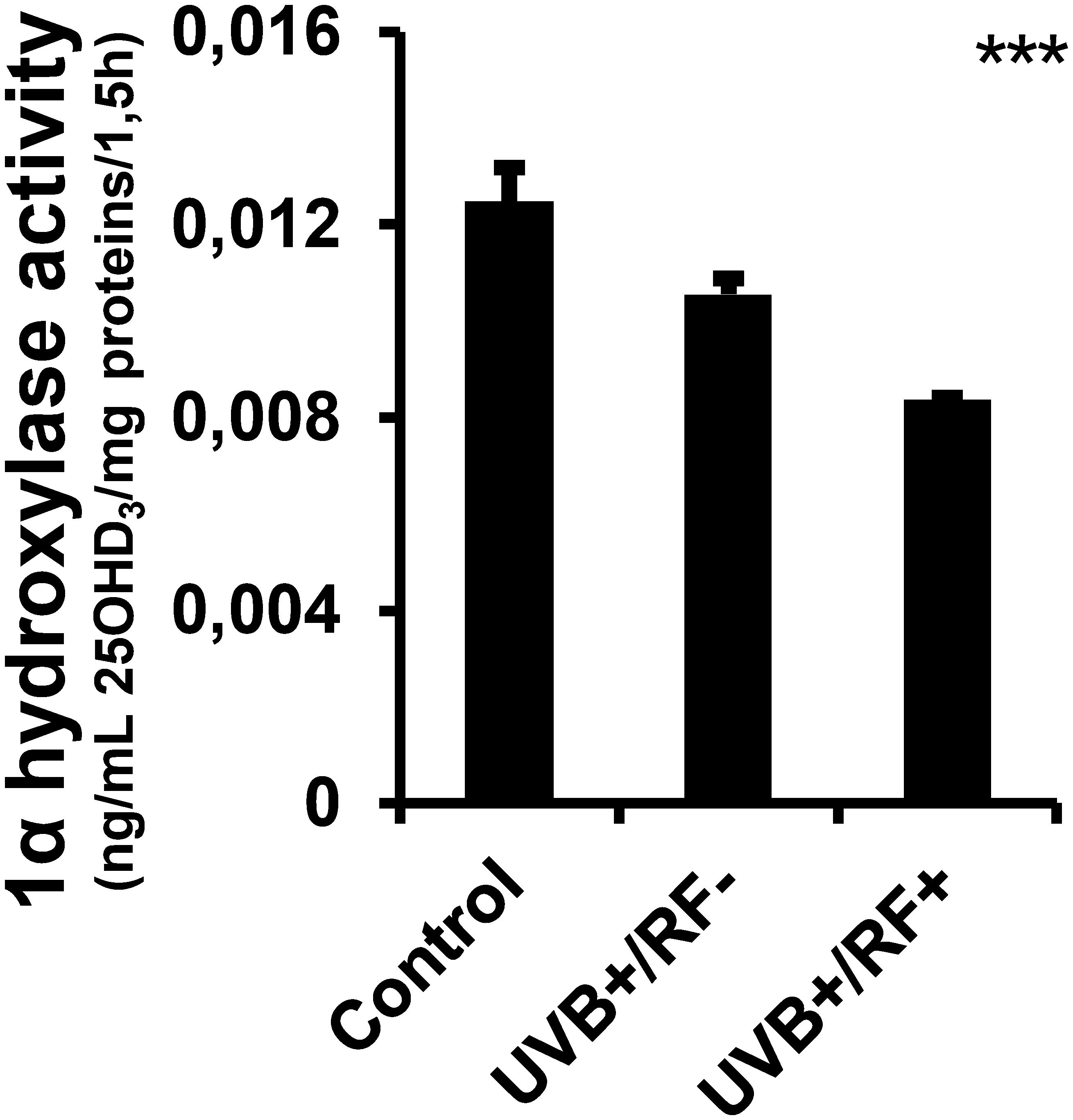 Bar graph showing 1 alpha hydroxylase activity in nanograms per milliliter 25OHD3 per milligram proteins per 1.5 hours. Three bars represent conditions: Control, UVB plus RF minus, and UVB plus RF plus. Control has the highest activity, UVB plus RF minus is lower, and UVB plus RF plus is lowest. Asterisks indicate statistical significance.