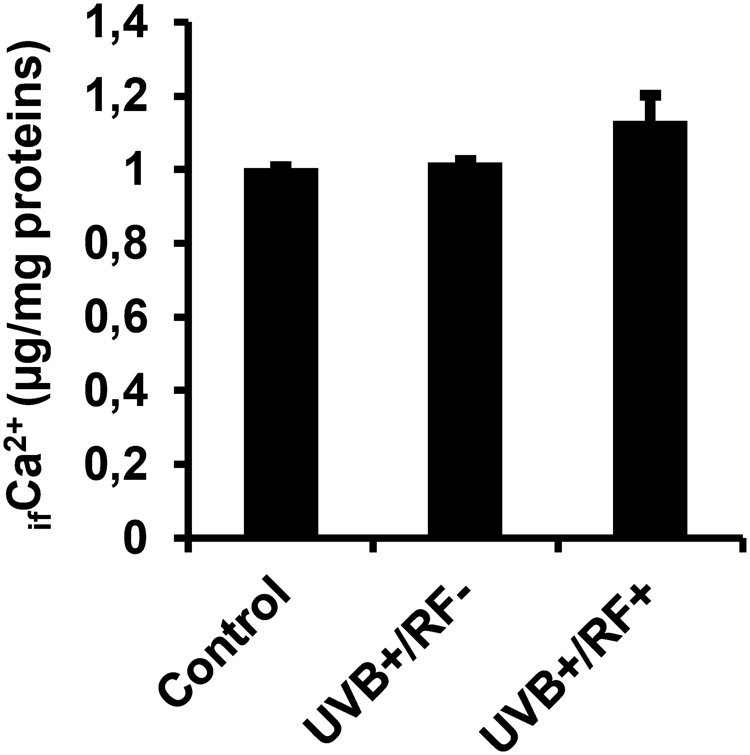 Bar chart showing intracellular calcium levels (µg/mg proteins) for three groups: Control, UVB+/RF-, and UVB+/RF+. All groups have similar levels, with UVB+/RF+ showing a slight increase.