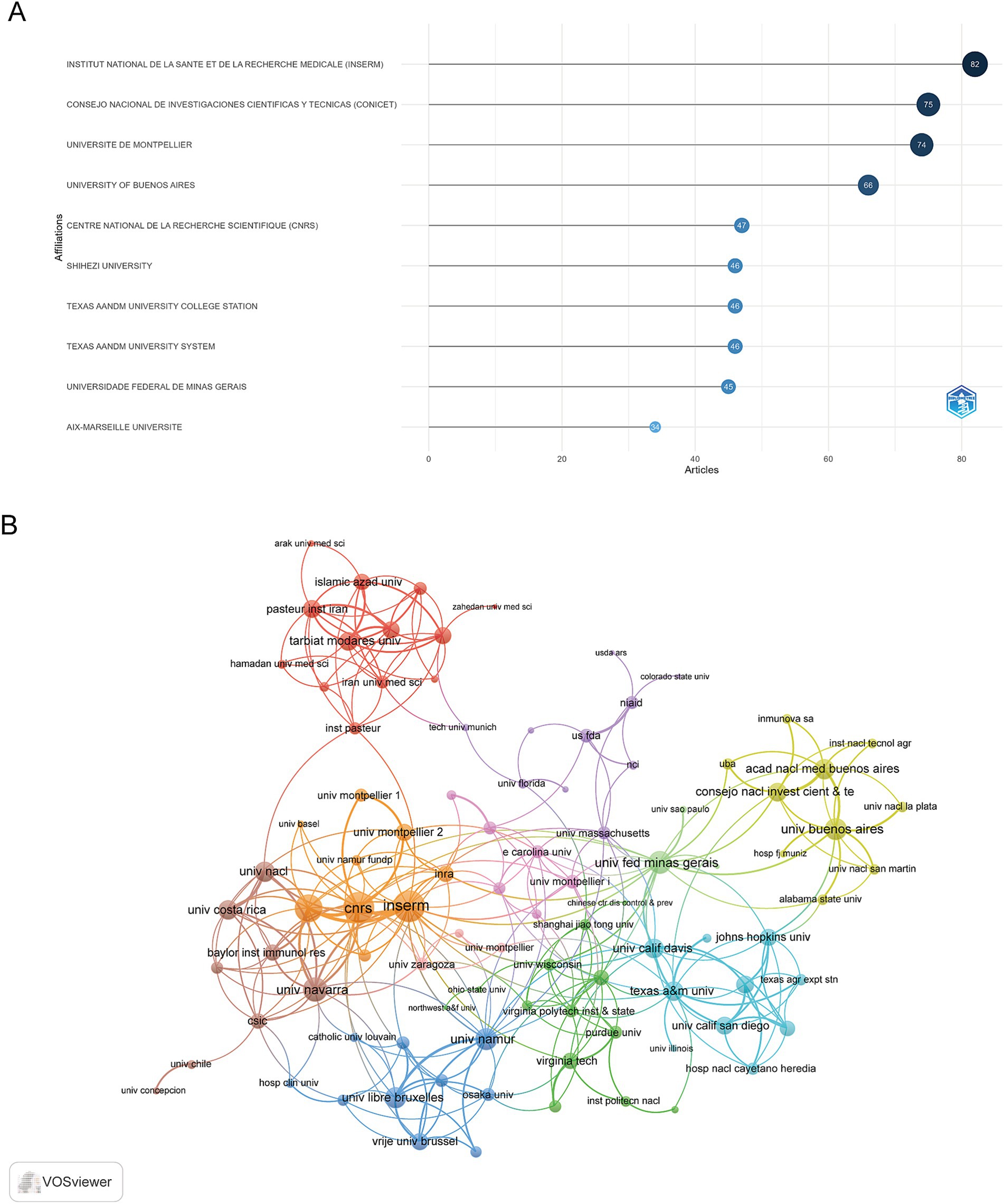 Chart A displays a bubble chart ranking academic affiliations by the number of articles, with Institut National de la Santé et de la Recherche Médicale leading at eighty-two articles. Chart B presents a complex network visualization of co-authorship, highlighting institutions like Tarbiat Modares University and Centre National de la Recherche Scientifique with various interconnected nodes, each representing different universities or research entities.