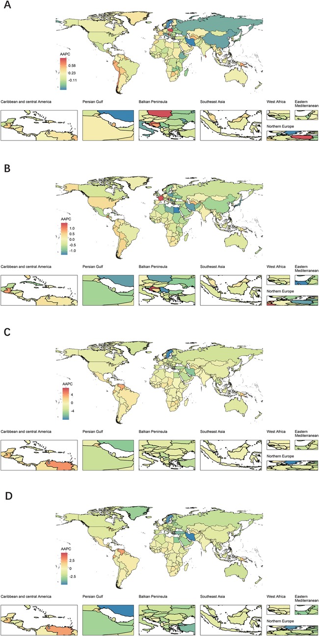 Four world maps labeled A, B, C, and D depict Average Annual Percent Change (AAPC) with a gradient from red (high) to blue (low). The maps highlight various regions: Caribbean and Central America, Persian Gulf, Balkan Peninsula, Southeast Asia, West Africa, Eastern Mediterranean, and Northern Europe. Each map has corresponding insets for detailed views. Color intensity varies across maps, indicating regional differences in AAPC.