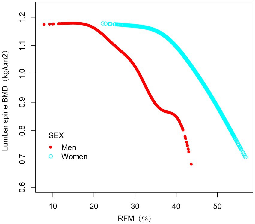 Line graph comparing lumbar spine BMD to relative fat mass (RFM) by sex. The red line represents men and the blue line represents women. BMD decreases as RFM increases, with distinct curves for each sex.