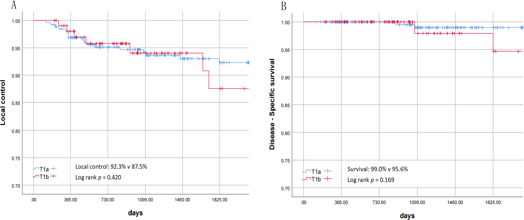 Two graphs compare outcomes over days for T1a and T1b groups. Graph A shows local control rates, with T1a at 92.3% and T1b at 87.5%, p-value 0.420. Graph B illustrates disease-specific survival rates, with T1a at 99.0% and T1b at 95.6%, p-value 0.169.