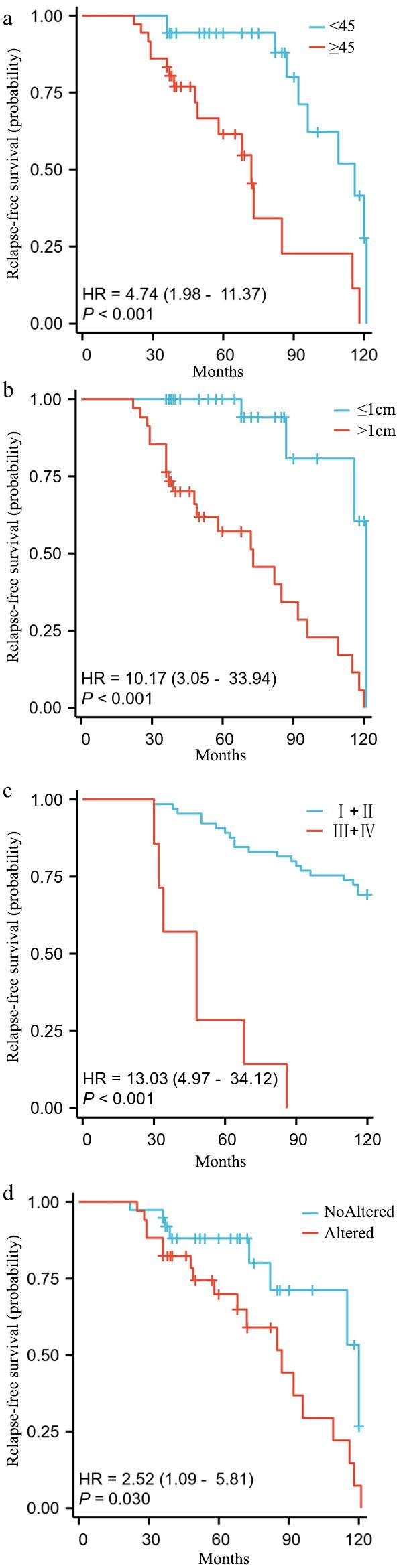 A set of four Kaplan-Meier survival curves (panels a-d) showing relapse-free survival probability over 120 months. The curves compare patient groups based on: (a) age (<45 vs. ≥45 years); (b) tumor size (≤1 cm vs. >1 cm); (c) TNM stage (I+II vs. III+IV); and (d) BRAF mutation status. In each panel, the lower curve indicates worse survival outcomes. Hazard ratios (HR) and p-values are displayed on each plot, showing significantly worse survival for older age, larger tumors, advanced stage, and the presence of a BRAF mutation.