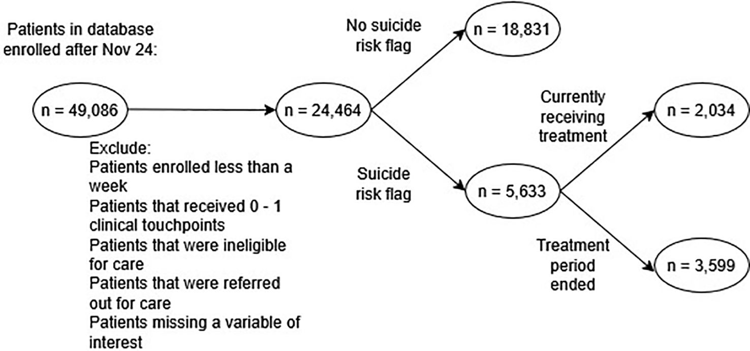 Flowchart showing patient enrollment and categorization. Initially, 49,086 patients were recorded. After exclusions, 24,464 remained. Of these, 18,831 had no suicide risk flag, while 5,633 had a suicide risk flag. Among those flagged, 2,034 were currently receiving treatment and 3,599 had a treatment period that ended.