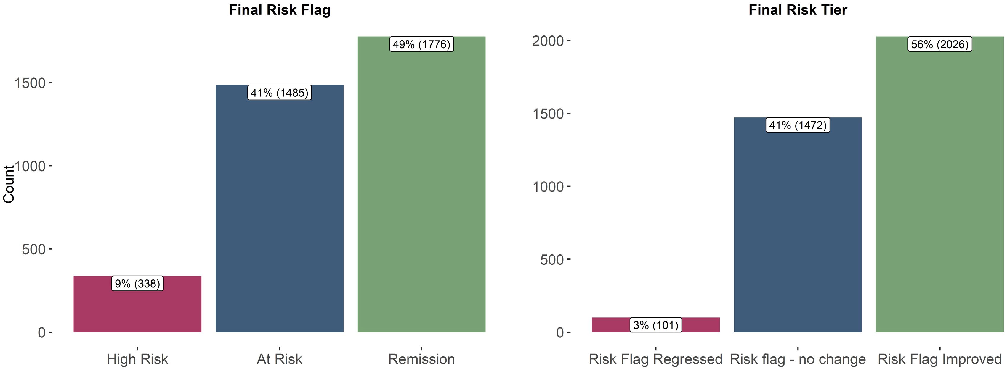 Two bar charts compare risk outcomes. The first chart (Final Risk Flag) shows 9 percent high risk, 41 percent at risk, and 49 percent in remission. The second chart (Final Risk Tier) shows 3 percent with a regressed risk flag, 41 percent no change, and 56 percent improved risk flag. Bars are labeled with percentages and counts.