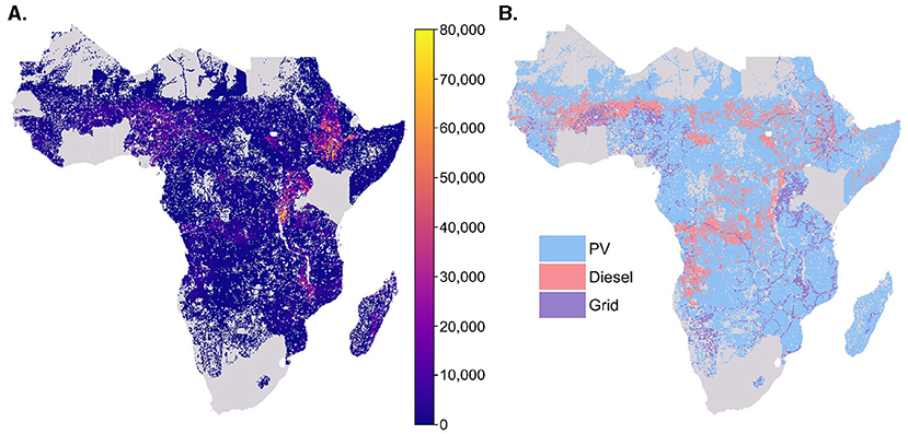 Map a (on the left) shows population density for the additional population without access by 2035 with a colour scale from purple (low, 0) to yellow (high, 80,000). Map b displays the optimum energy distribution for a  given pathway, with blue for photovoltaic (PV), red for diesel, and purple for grid lectricity.