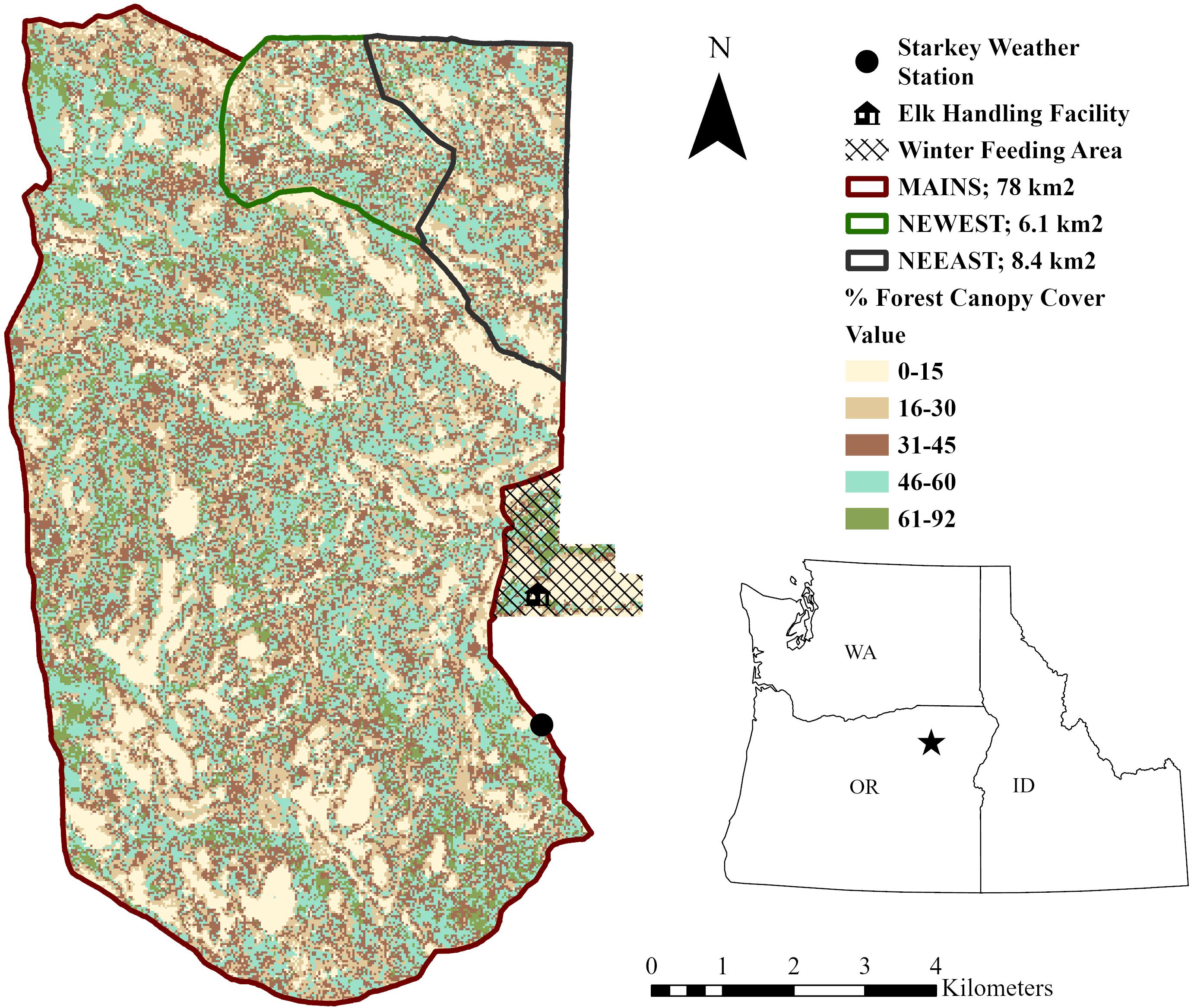 Map of Starkey Experimental Forest and Range with forest canopy cover percentages. In shows distinct pastures: MAINS,NEWEST,NEEAST, each with specific canopy cover values ranging from 0 to ninety-two percent. Icons indicate weather station, elk handling facility, and winter feeding area. An inset map shows the study area's location in the Pacific Northwest, bordered by Washington, Oregon, and Idaho. A scale bar and compass are included.