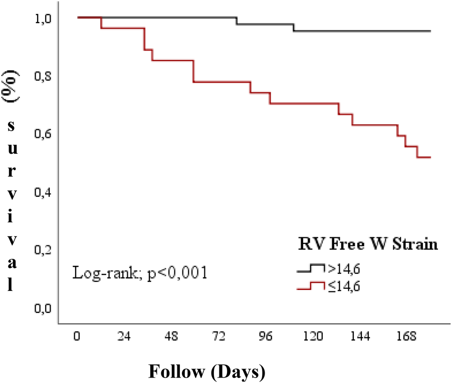 Survival curve showing time in days versus survival percentage. Two lines represent \“RV Free W Strain\” groups: one for values greater than 14.6, and the other for values less than or equal to 14.6. A significant difference is indicated with log-rank p-value less than 0.001.