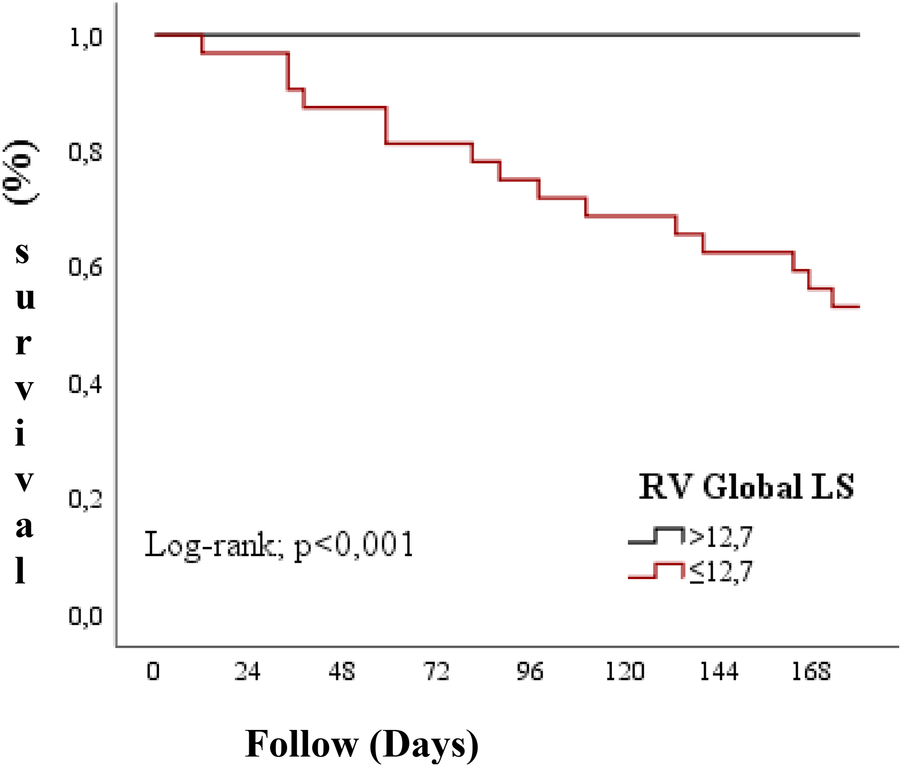 Survival curve graph with the y-axis labeled \“Survival (%)\” and the x-axis labeled \“Follow (Days).\” It compares survival rates between groups with RV Global LS greater than 12.7 (gray line) and less than 12.7 (red line). The curve for less than 12.7 declines over time, while the greater than 12.7 line remains stable. A log-rank test shows p < 0.001.