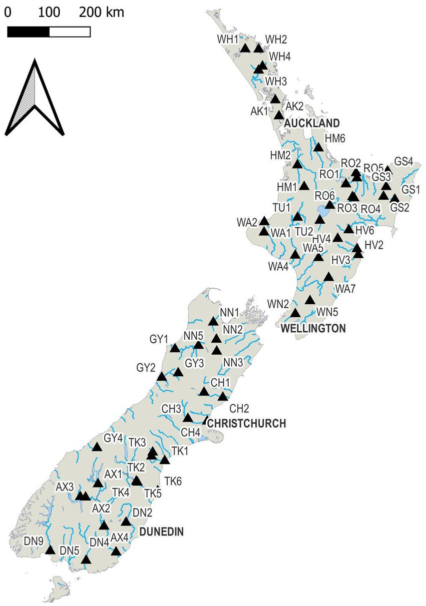 Map of New Zealand's North and South Islands with labeled black triangles indicating specific locations like Auckland, Wellington, Christchurch, and Dunedin. A scale bar in the top left shows distances up to two hundred kilometers.