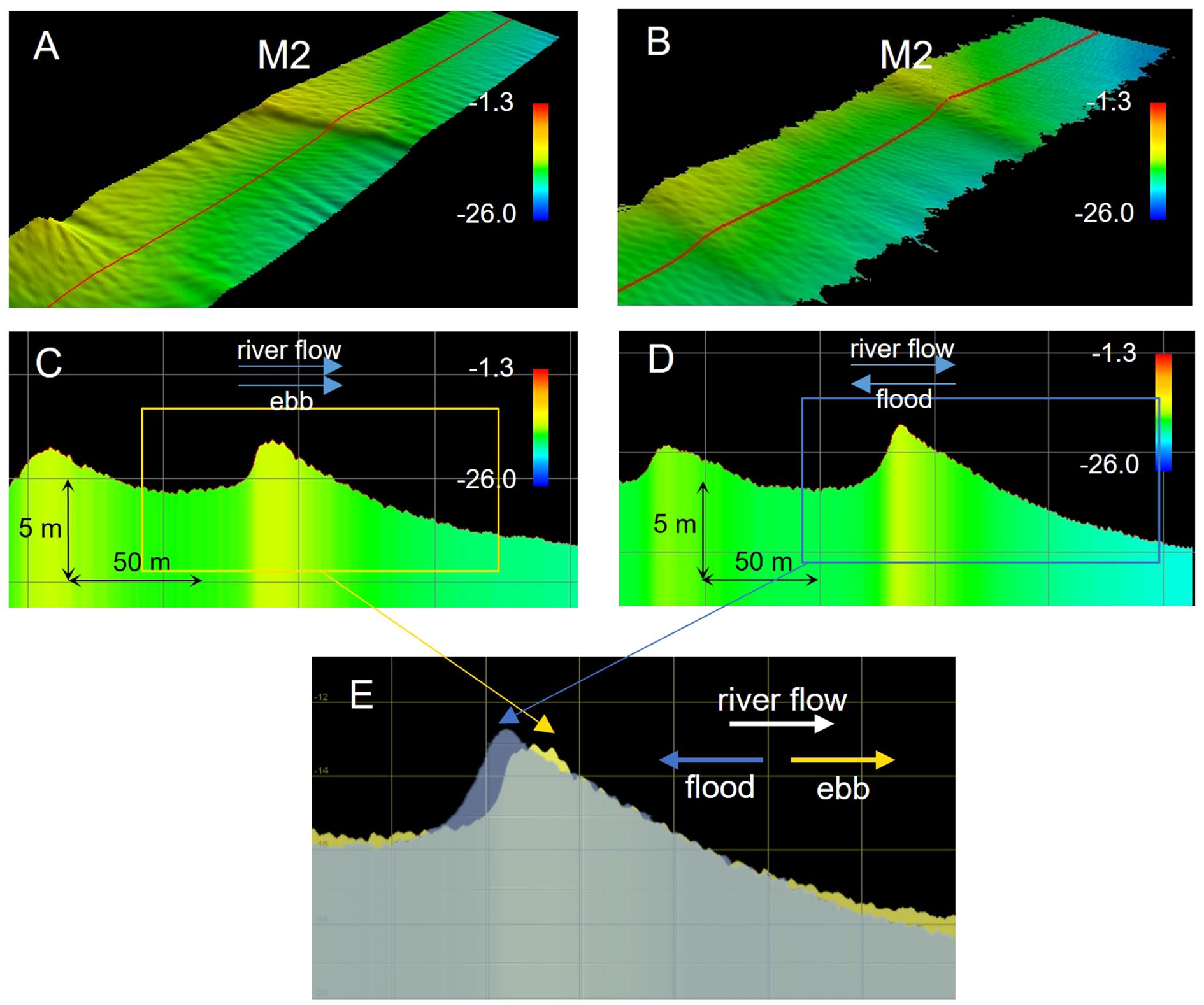 Elevation model panels show seabed topography, labeled A to E. Panels A and B display M2 tidal currents with color gradients. Panels C and D illustrate river flow dynamics with labeled ebb and flood directions, distances of 50 meters, and heights of 5 meters. Panel E provides a close-up of river flow, again depicting flood and ebb directions with arrows.
