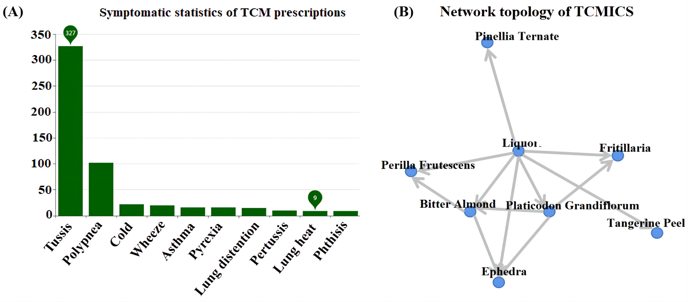 (A) Bar chart showing symptomatic statistics of traditional Chinese medicine prescriptions. “Tussis” is the highest at 327 prescriptions, with others like “Polypnea” notably lower. (B) Network topology diagram of TCMICS, illustrating connections between substances like Liquorice, Perilla Frutescens, and Fritillaria, with arrows indicating relationships.