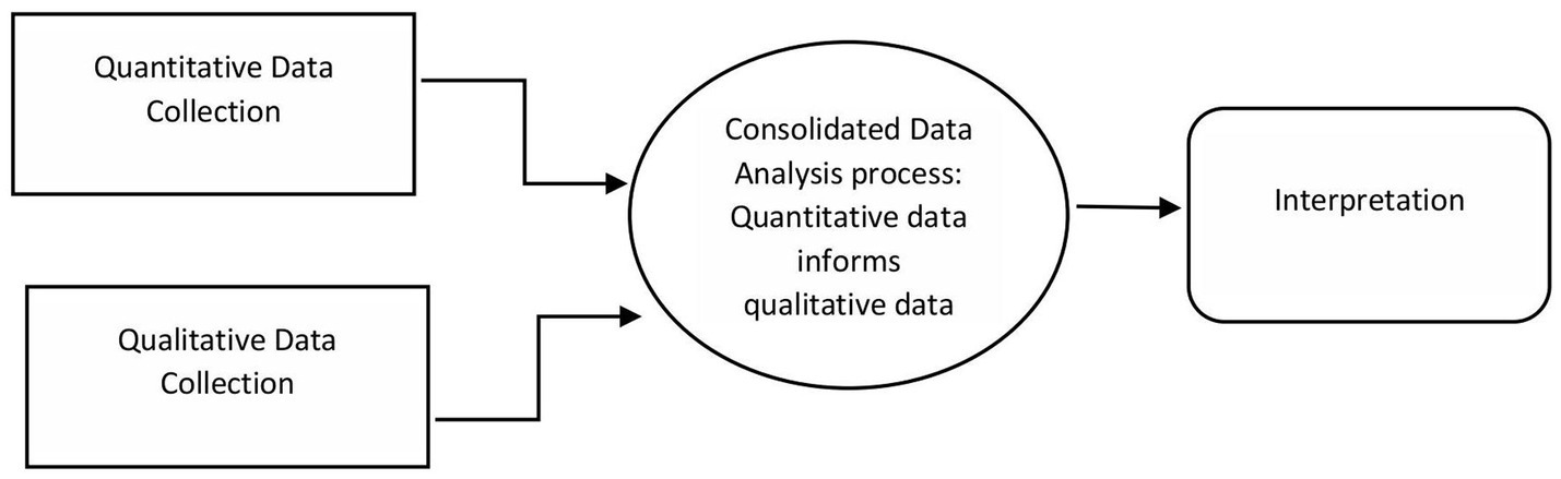 Flowchart illustrating a data analysis process. Quantitative and qualitative data collection feed into a consolidated data analysis process, where quantitative data informs qualitative data, leading to interpretation.