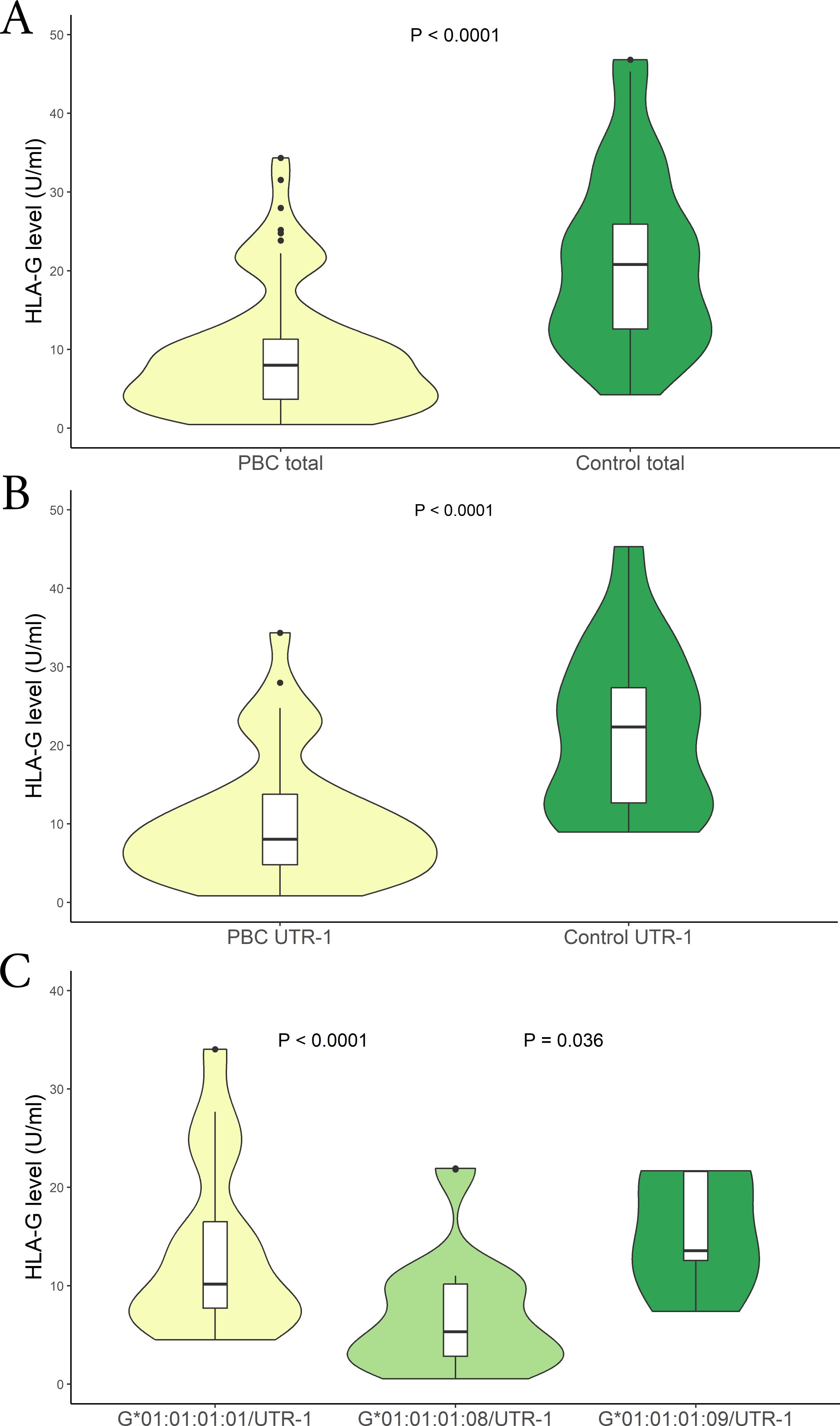 Violin plots comparing HLA-G levels in different groups. Panel A shows PBC total versus control total, with significant differences (P < 0.0001). Panel B compares PBC UTR-1 to control UTR-1, also significant (P < 0.0001). Panel C displays three subgroups of UTR-1, showing varying significance levels between them.