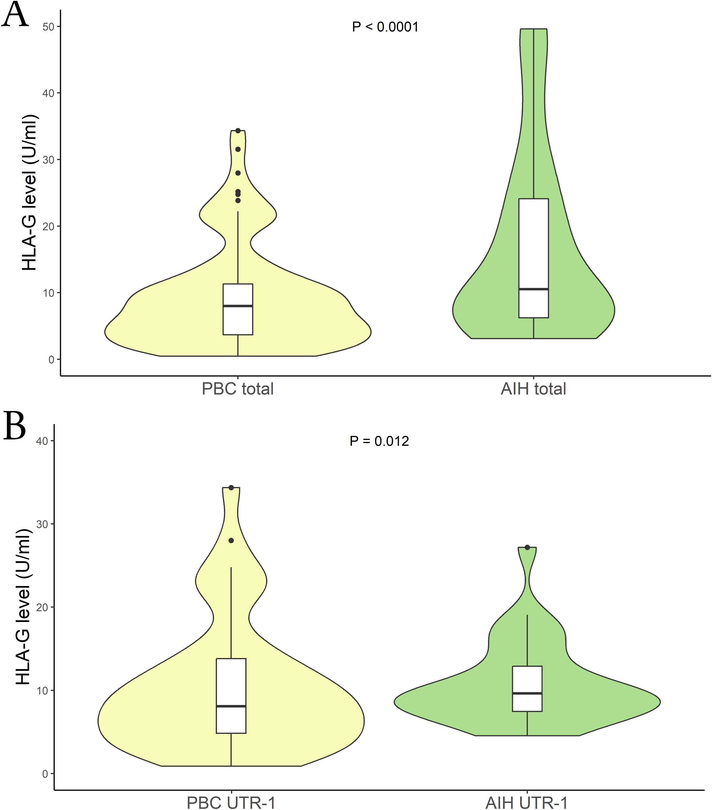 Violin plots comparing HLA-G levels between groups. Panel A shows PBC total versus AIH total with a significance of P < 0.0001. Panel B compares PBC UTR-1 with AIH UTR-1, showing a significance of P = 0.012. Data points and distributions are depicted for each group.
