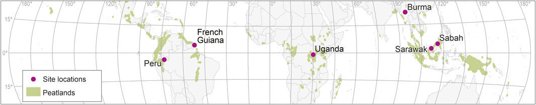 Map showing global peatland distribution with marked site locations in pink circles. Sites include Peru, French Guiana, Uganda, Burma, Sabah, and Sarawak. Peatlands are highlighted in green.