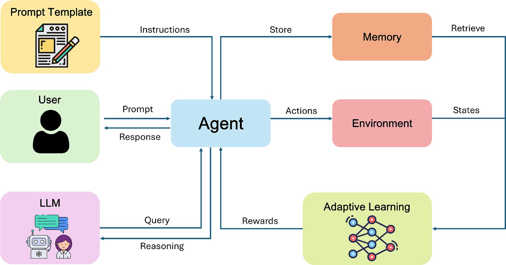 Flowchart depicting how an agent interacts with various components. The agent receives instructions from a prompt template, prompts and responses from a user, and queries and reasoning from an LLM. It stores and retrieves data from memory, takes actions within an environment, and receives states. Adaptive learning influences rewards.