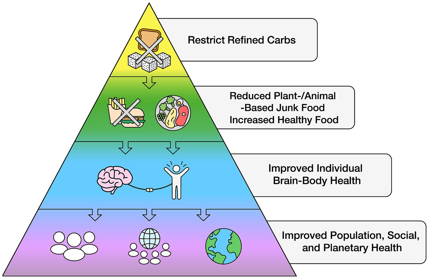Pyramid diagram illustrating dietary and health recommendations. The top section advocates restricting refined carbs, represented by crossed-out bread and sugar cubes. The middle encourages reducing plant and animal-based junk food and increasing healthy foods, shown with a crossed-out burger and a plate of varied foods. The next section shows improved brain-body health with a brain and figure icon. The base promotes improved population, social, and planetary health, depicted by group and globe icons. Arrows connect the sections, illustrating a progression from dietary changes to broader health improvements.