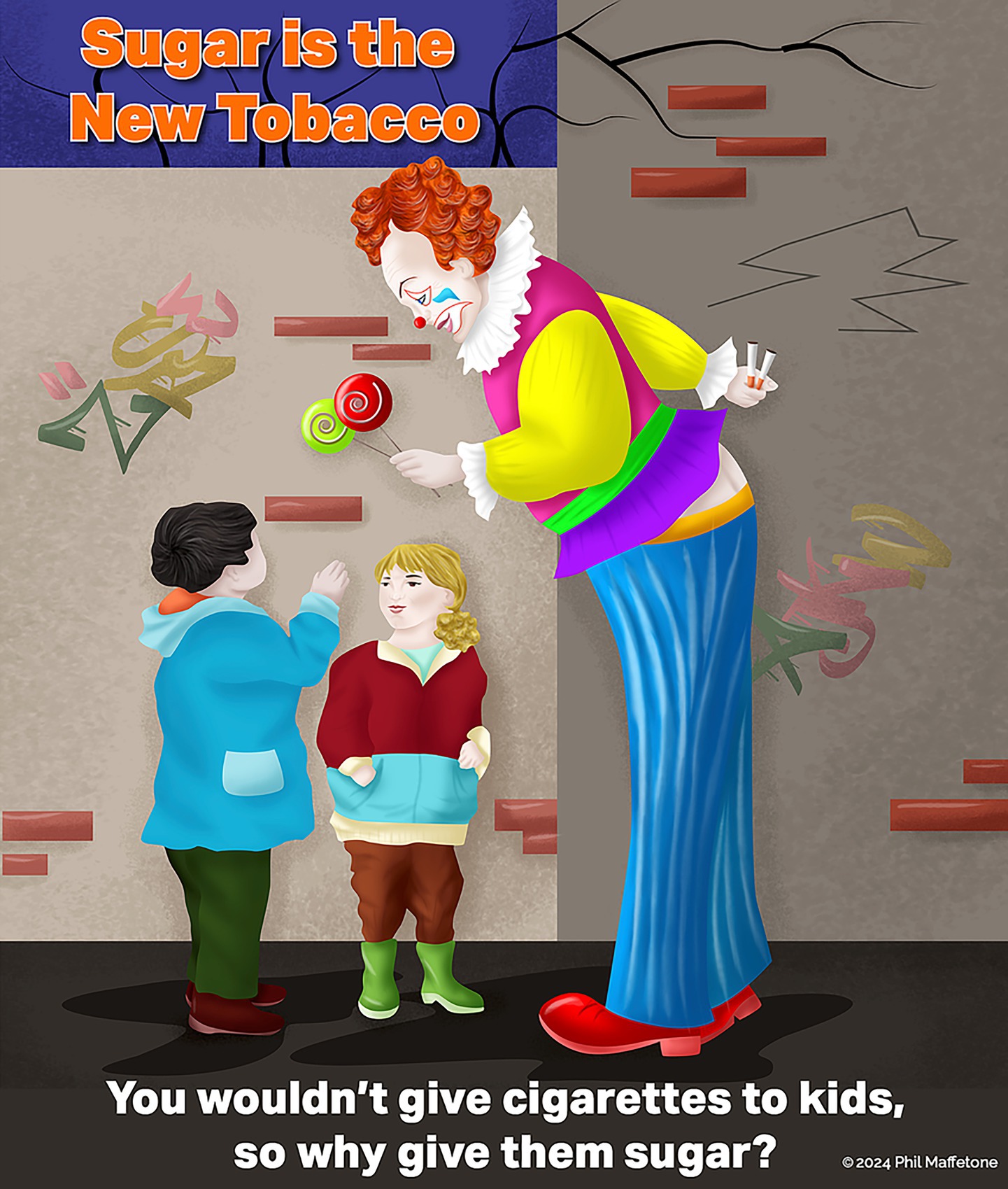 A clown offers a lollipop to two children against a graffiti-covered brick wall. The text reads,