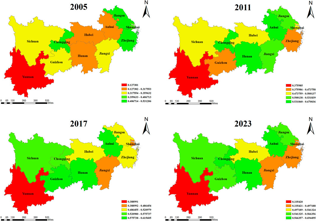 Four maps of Chinese provinces from 2005, 2011, 2017, and 2023 show color-coded data ranges. Yunnan is consistently red, indicating the lowest range, while the other provinces vary over time, primarily showing transitions towards greener hues, suggesting higher values. Each map includes a legend, a north arrow, and scales of miles.