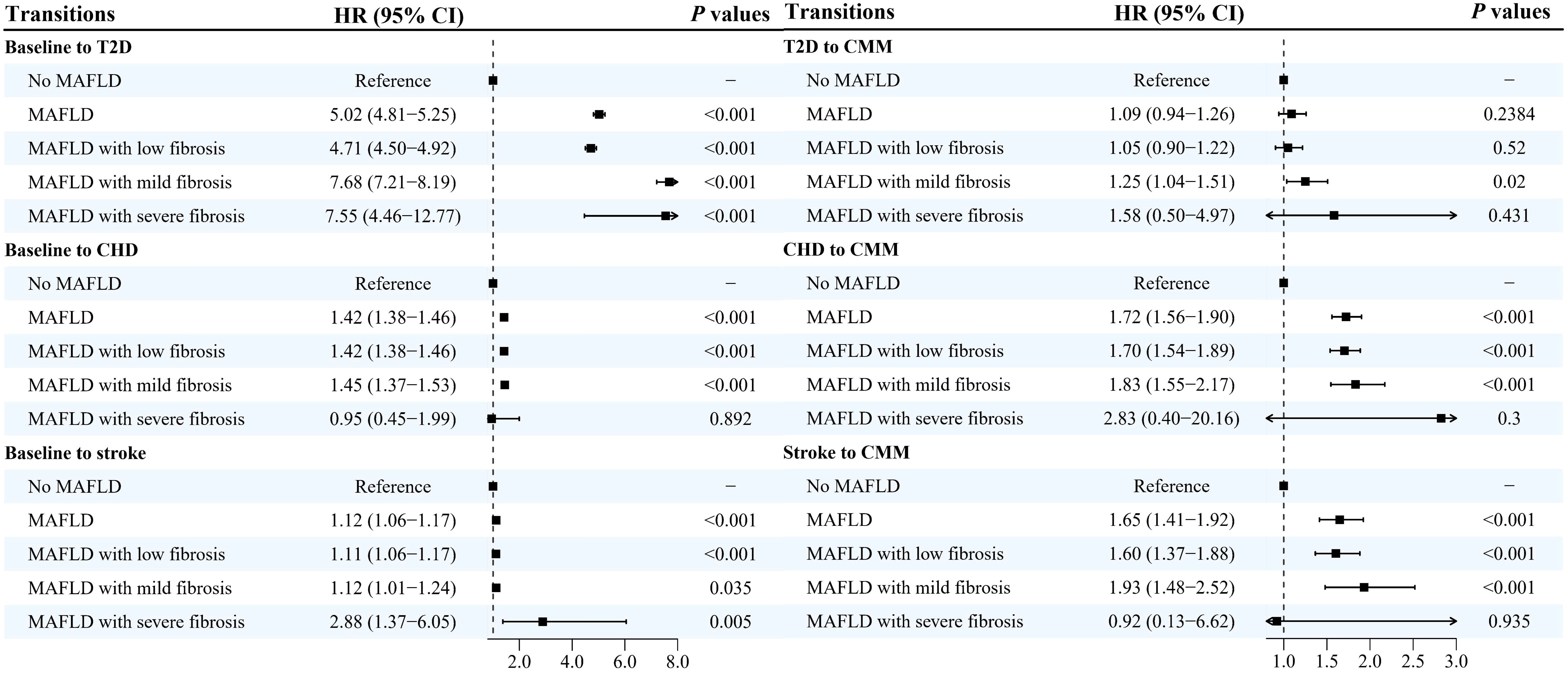 Forest plot table showing hazard ratios (HR) with confidence intervals (CI) for different health transitions involving metabolic-associated fatty liver disease (MAFLD). Transitions include baseline to T2D, CHD, stroke, and progression to CMM. Data compares groups with varying fibrosis severity. HR and p-values are provided for each comparison. Black squares represent HRs with horizontal lines indicating CIs. Some significant p-values are highlighted in less than 0.001 threshold.