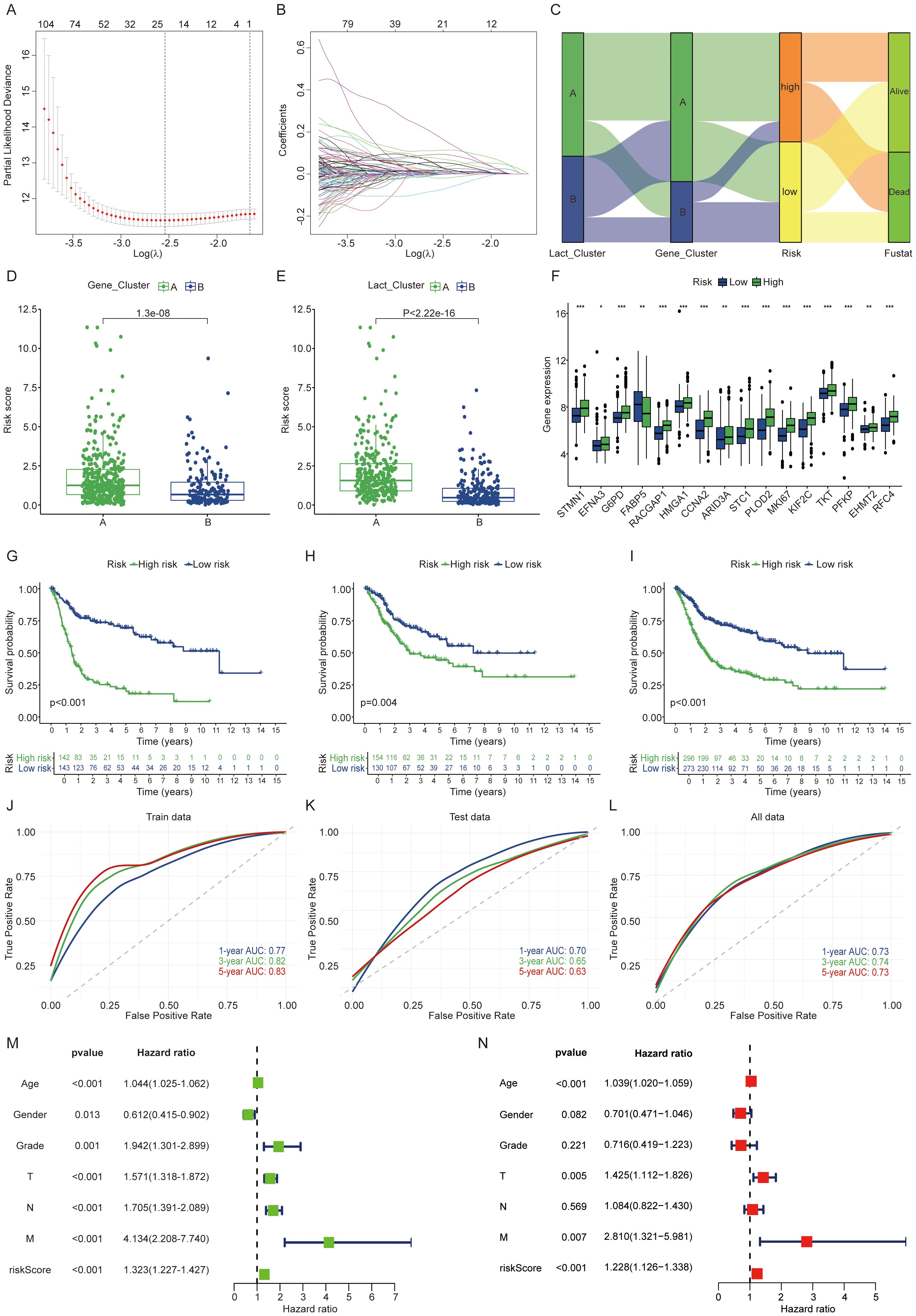 Twelve-panel image showing data analysis results. A) Plot of partial likelihood deviance against Log of lambda values. B) Coefficient plot with lines converging at zero. C) Sankey diagram mapping clusters to risk levels and survival status. D, E) Box plots comparing risk scores for Gene and Lact Clusters, with significant p-values. F) Box plots of gene expression levels separated by risk. G-I) Kaplan-Meier survival curves showing significant differences between high and low-risk groups. J-L) ROC curves evaluating model performance in train, test, and all data sets. M, N) Forest plots of hazard ratios for various clinical variables with p-values.