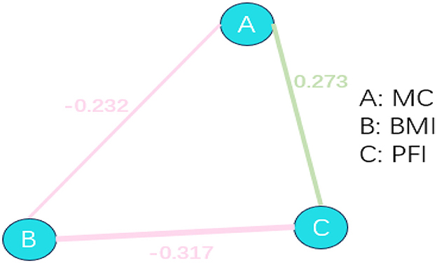 Diagram showing a triangular network with nodes labeled A, B, and C. Node A connects to B and C, and node C connects to B. The lines between nodes are color-coded: A to C in green with value 0.273, A to B, and B to C in pink with values –0.232 and –0.317, respectively. The key indicates A as MC, B as BMI, and C as PFI.