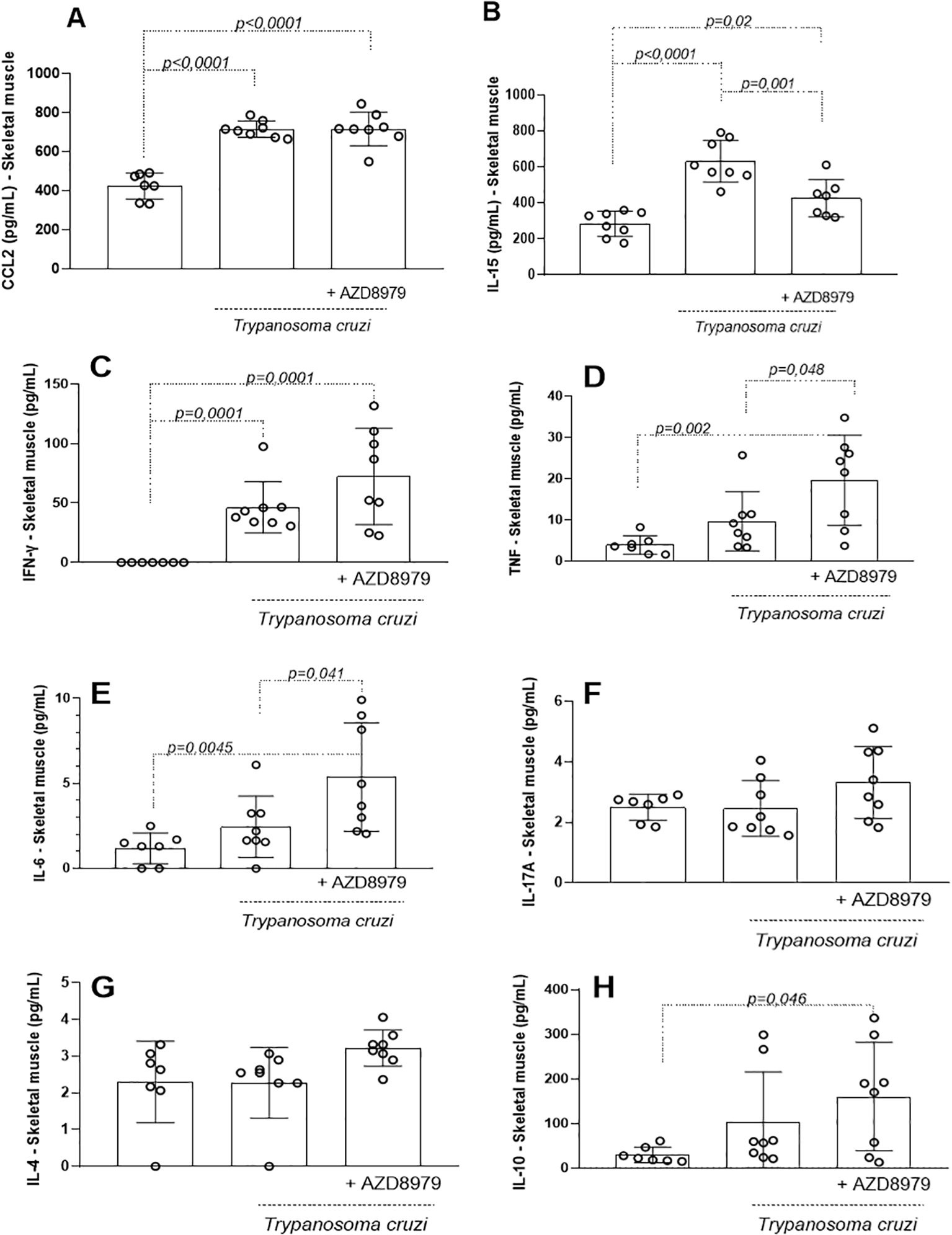 Bar graphs labeled A to H compare the effects of Trypanosoma cruzi with and without AZD8979 on various cytokine levels in skeletal muscle. Each graph shows statistical significance with p-values indicated. Cytokines include CCL2, IL-15, IFN-γ, TNF, IL-6, IL-17A, IL-4, and IL-10, with noticeable differences across conditions.
