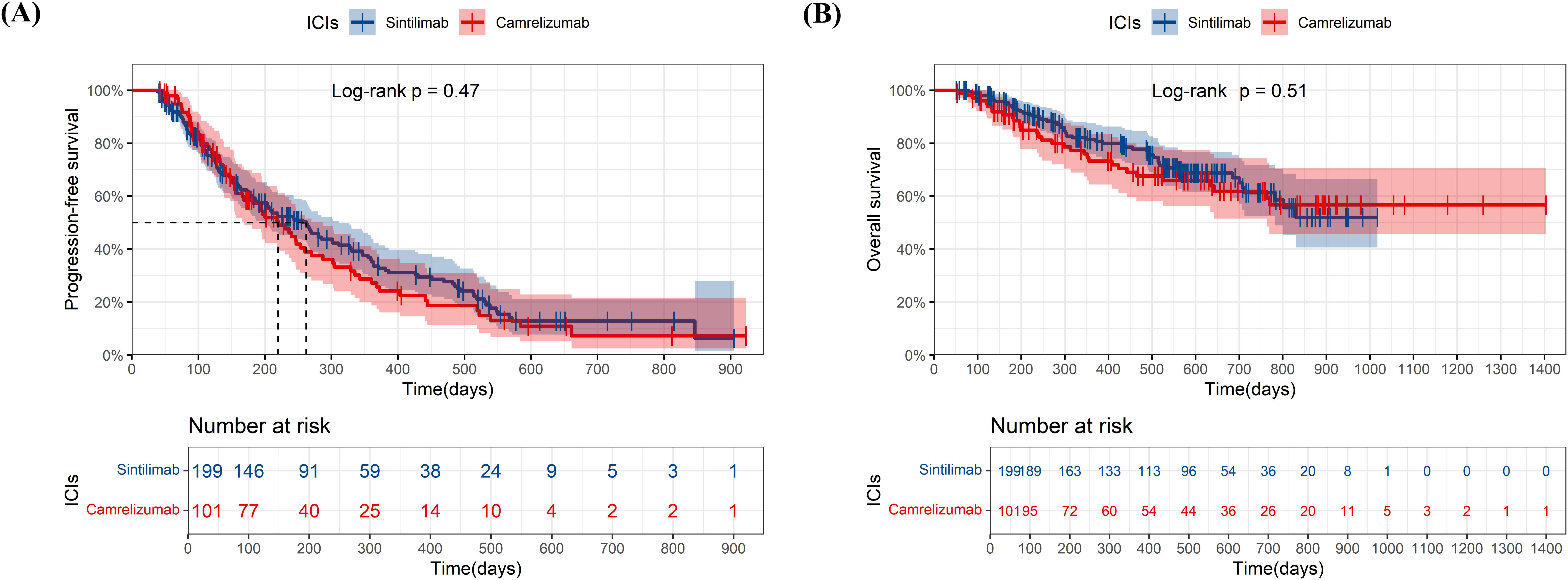 Two Kaplan-Meier survival plots comparing sintilimab and camrelizumab treatments. (A) Progression-free survival over 900 days with a log-rank p-value of 0.47. (B) Overall survival over 1,400 days with a log-rank p-value of 0.51. Both graphs show survival percentages on the y-axis and time in days on the x-axis. The number at risk tables are below each plot.