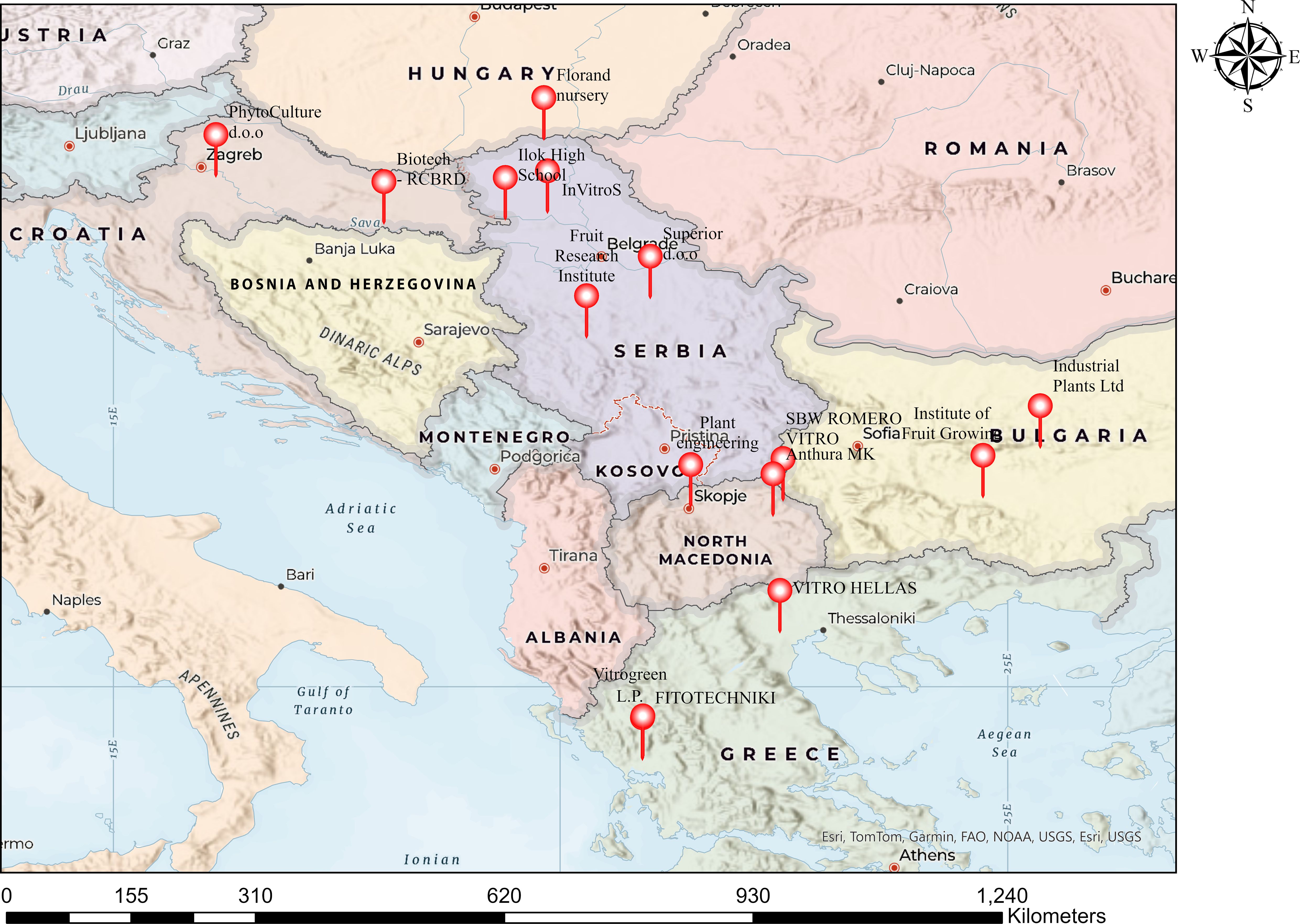 Map showing parts of Southeastern Europe, including countries like Croatia, Hungary, Romania, Serbia, Bulgaria, Bosnia and Herzegovina, Montenegro, Kosovo, North Macedonia, Albania, and Greece. Various locations marked with red pins indicate agricultural or research centers, such as biotechnology and nursery sites, with names like Florand Nursery, Superior, and Vitro Hellas. A compass rose is present in the top right for orientation, showing cardinal directions.