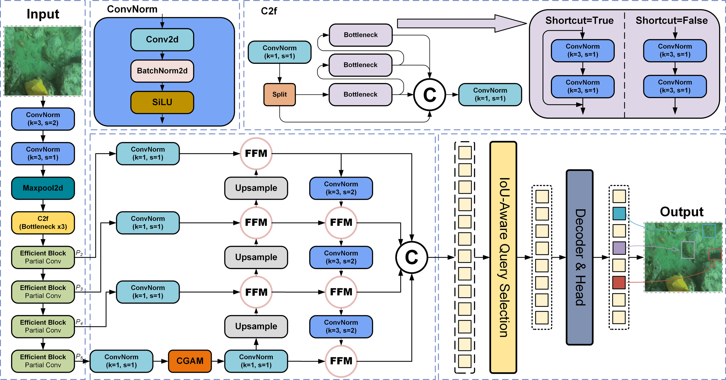 Diagram illustrating a machine learning model architecture. It begins with an input image and passes through several stages: ConvNorm, Maxpool2d, C2f with bottlenecks, and multiple Efficient Blocks with Partial Conv. Shortcuts with true and false options lead to further ConvNorm layers and FFM blocks. The process includes upsampling and culminates in IoU-Aware Query Selection, Decoder & Head, and an annotated output image.