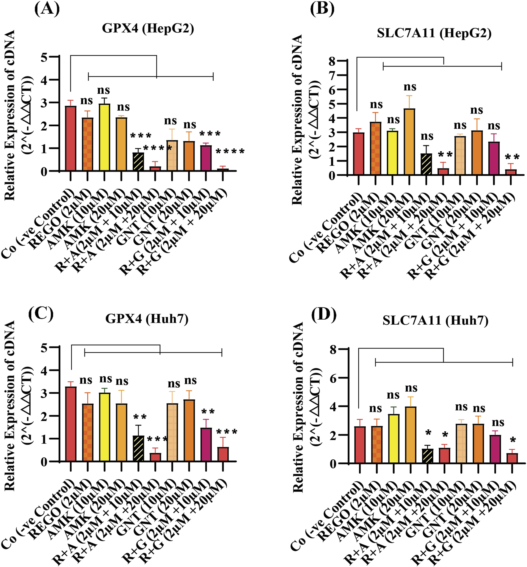 Bar graphs displaying relative expression of cDNA for GPX4 and SLC7A11 in HepG2 and Huh7 cell lines. Panels A and B show GPX4 and SLC7A11 in HepG2, while panels C and D do the same for Huh7. Bars represent different treatments, with significant differences marked by asterisks and "ns" for non-significant results. Error bars indicate variability.