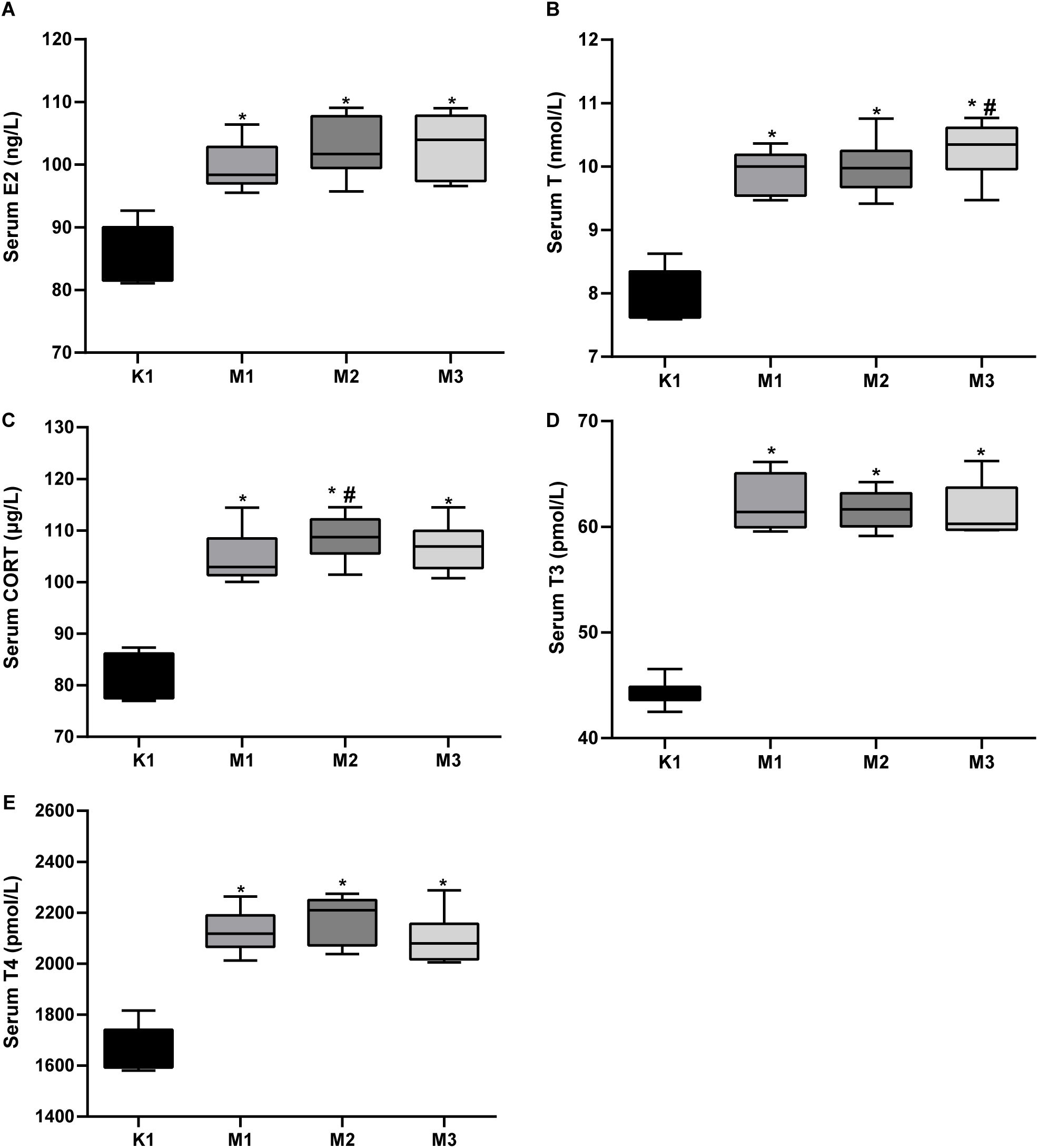 Box plots depicting serum levels in different groups: (A) Serum E2 levels, (B) Serum T levels, (C) Serum CORT levels, (D) Serum T3 levels, (E) Serum T4 levels. Each plot compares levels between group K1 and groups M1, M2, and M3. Significant differences are indicated by asterisks and hash symbols.