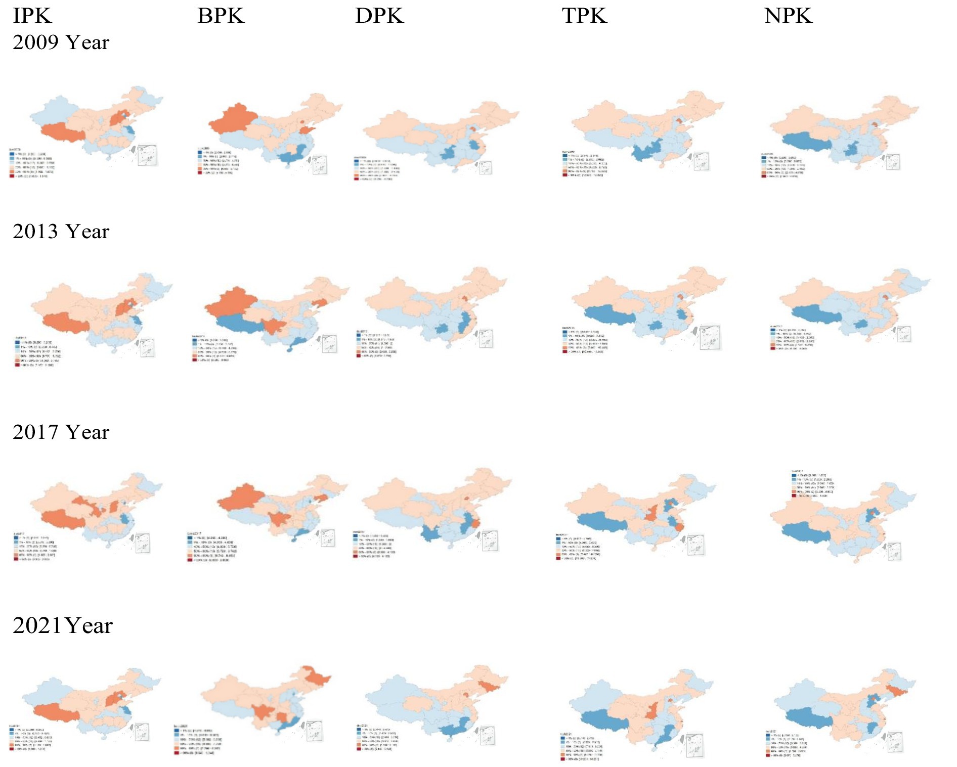 Series of maps illustrating changes in China across four years: 2009, 2013, 2017, and 2021. Each row represents a year and each column displays different data categories labeled IPK, BPK, DPK, TPK, and NPK. Colors indicate varying data values with a legend showing the color scale from blue to red.