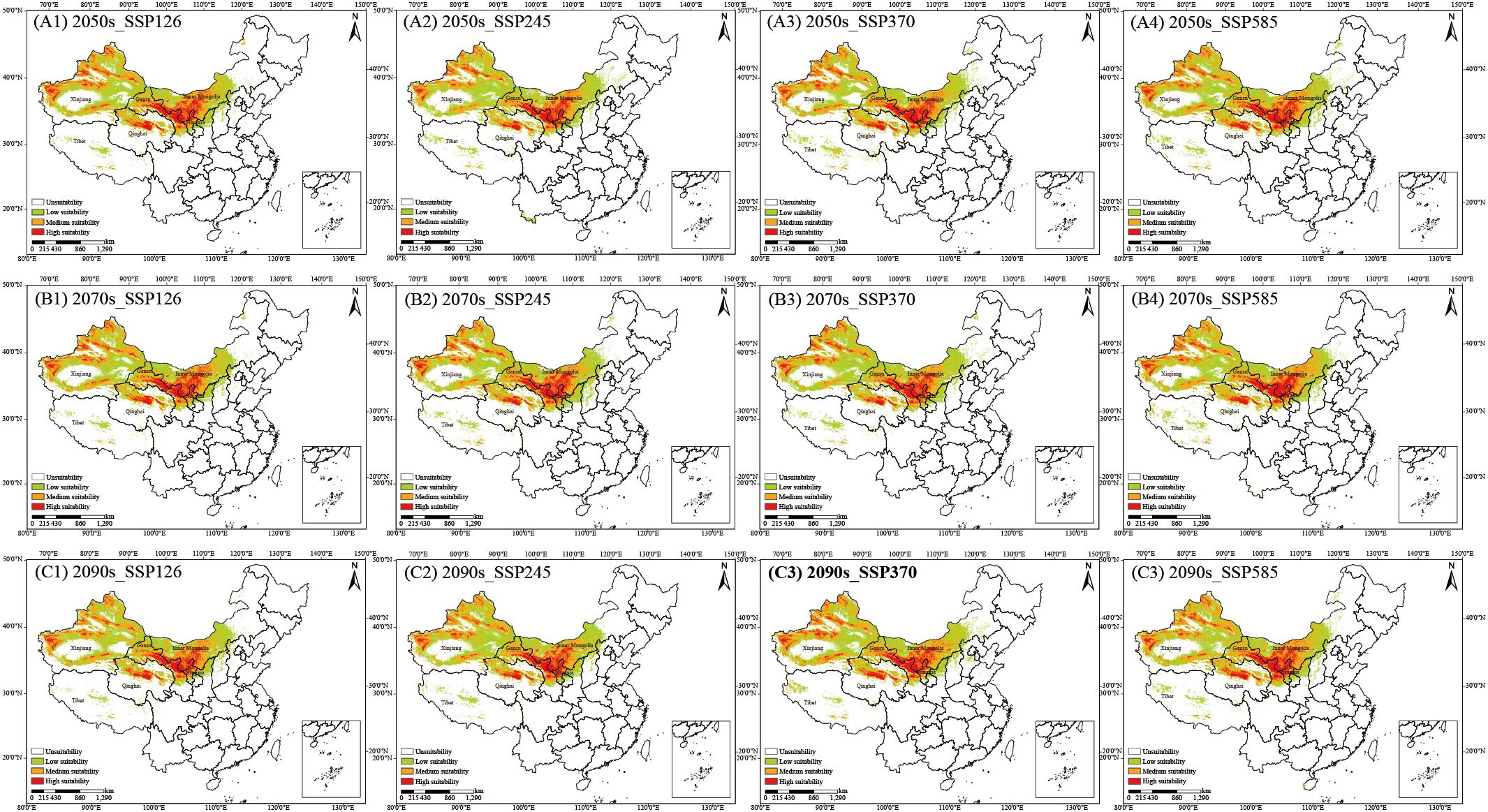 Twelve maps depict projected land suitability in China across three future decades (2050s, 2070s, 2090s) under four SSP scenarios (126, 245, 370, 585). Areas are color-coded for unsuitability, low, medium, and high suitability. Each map shows variations in regions like Xinjiang, Tibet, and Qinghai, with a consistent legend and compass rose for orientation.