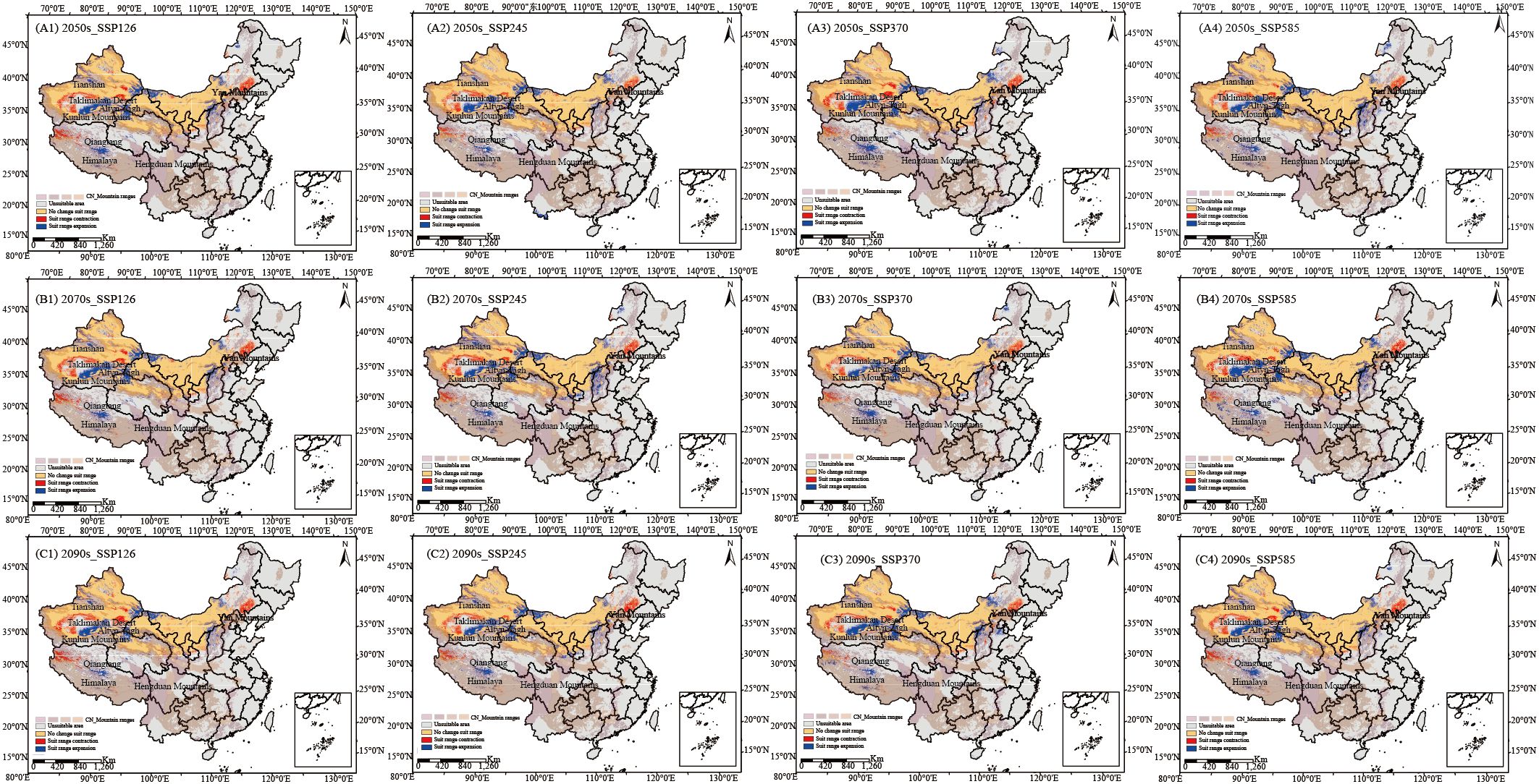 Twelve maps of China illustrate projected shifts in suitable habitat under four SSP climate scenarios—SSP126, SSP245, SSP370 and SSP585—for three future periods (the 2050s, 2070s, 2090s). Major mountain ranges are annotated on each map. A colour gradient, explained in the legend, distinguishes areas where suitability remains unchanged, increases or decreases.