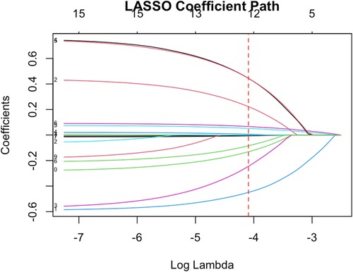 LASSO coefficient path graph showing the relationship between log lambda and coefficients for different variables. Lines represent coefficients' paths as lambda decreases. A red dashed vertical line at log lambda approximately negative four emphasizes a specific lambda value.