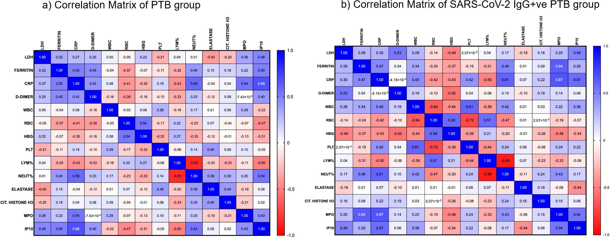 Two correlation matrices compare PTB and SARS-CoV-2 IgG+ve PTB groups. Both matrices use color gradients from blue to red to indicate correlation coefficients, ranging from 1.0 to -1.0. Each matrix lists biomedical parameters like LDH, Ferritin, CRP, etc., on both axes, showcasing their interrelationships. The intensity of the color signifies the strength and direction of the correlations among these variables.