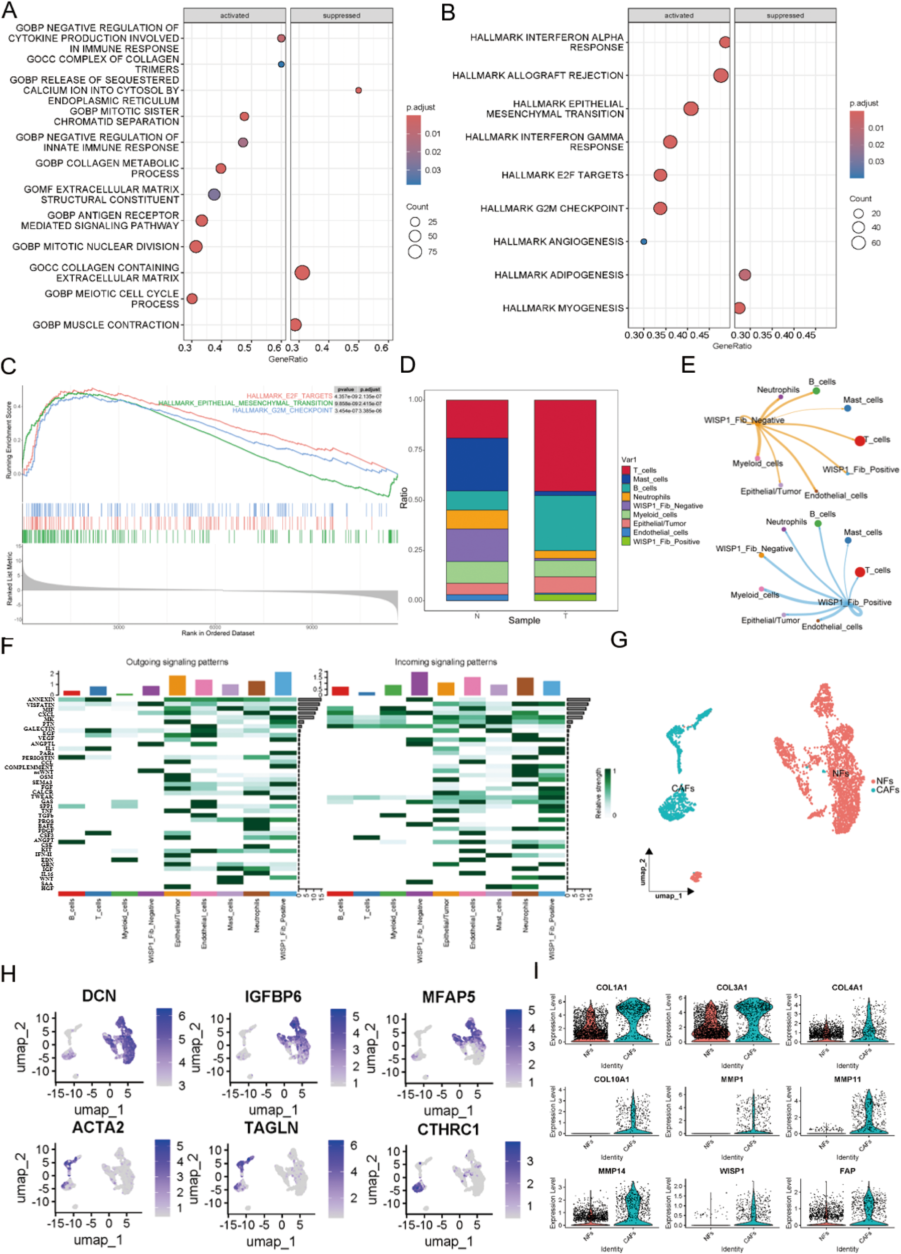 A multi-panel image showcases various bioinformatics data analyses. Panel A and B are dot plots highlighting gene sets that are activated or suppressed, with size and color indicating gene ratio and adjusted p-value. Panel C shows an enrichment plot with ranked data. Panel D contains stacked bar charts comparing different samples. Panel E is a network diagram illustrating cellular interactions. Panel F presents heatmaps of signaling patterns. Panel G features UMAP dimensionality reduction plots distinguishing cell types. Panel H shows multiple UMAP plots with gene expression intensities, and Panel I contains violin plots of gene expression across different identities.