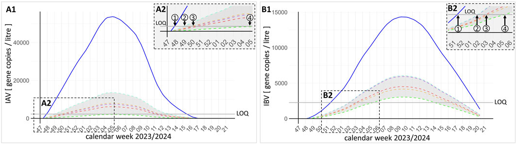 Graphs A1 and B1 show gene copies per litre for IAV and IBV over calendar weeks 2023/2024. Insets A2 and B2 highlight early weeks with LOQ lines and numbered points. The blue lines represent data trends with dashed colored lines indicating projections.