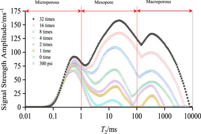 Graph showing signal strength amplitude versus \( T_2 \) values in milliseconds, divided into microporous, mesopore, and macroporous regions. Curves with various colors and styles represent different conditions, indicated by a legend with labels like