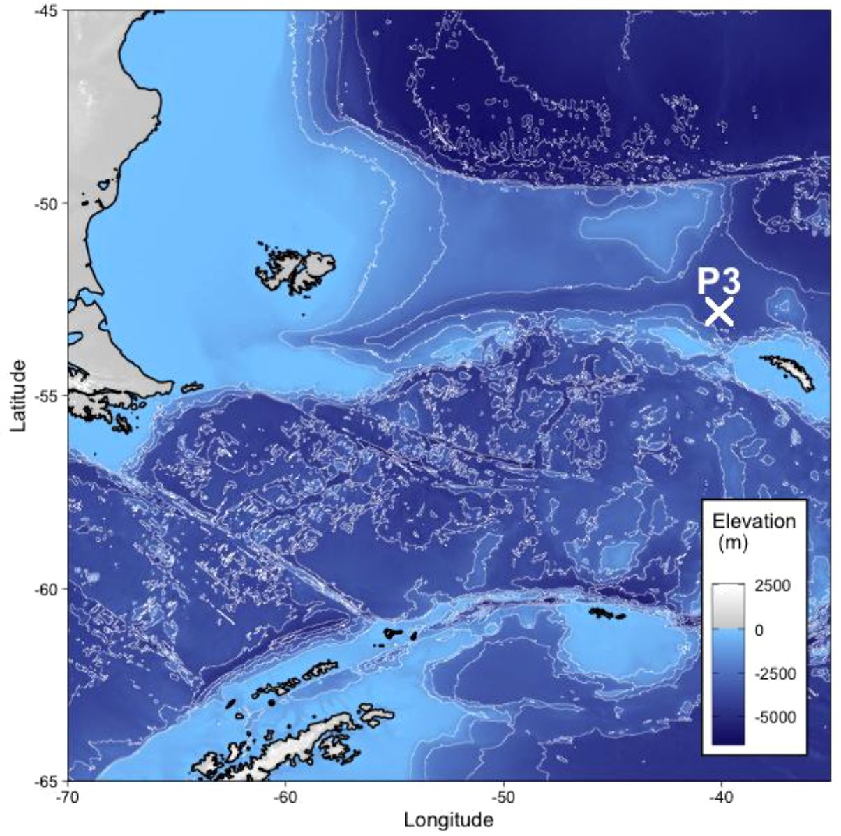 Bathymetric map showing South Georgia and the Scotia Sea (the Atlantic sector of the Southern Ocean). The map includes landmasses in gray and ocean in blue with darker shades of blue indicating deeper ocean depths. Marked point “P3” is placed northwest of South Georgia (just off the shelf). An elevation legend is present at the bottom right.