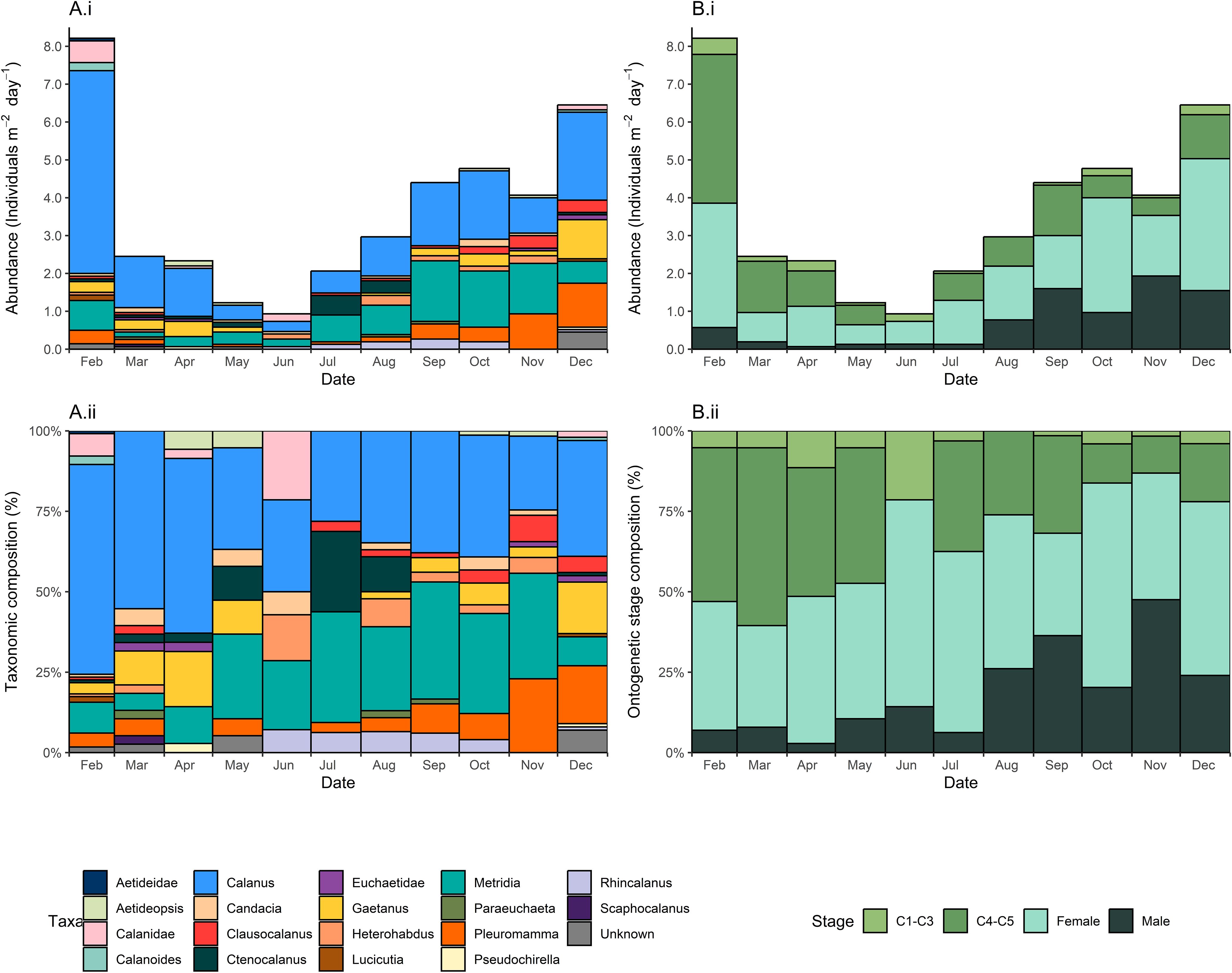 Four bar charts showing seasonal variation in copepod abundance and composition. Chart A.i depicts abundance by taxa from February to December, with diverse colours representing different species. Chart B.i shows abundance by ontogenetic stage over the same months. Chart A.ii displays the relative taxonomic composition (percentage), and chart B.ii shows the relative ontogenetic stage composition (percentage). The legend identifies colours for taxa (e.g., Calanus, Metridia) and stages (e.g., C1-C3, C4-C5, Male, Female).