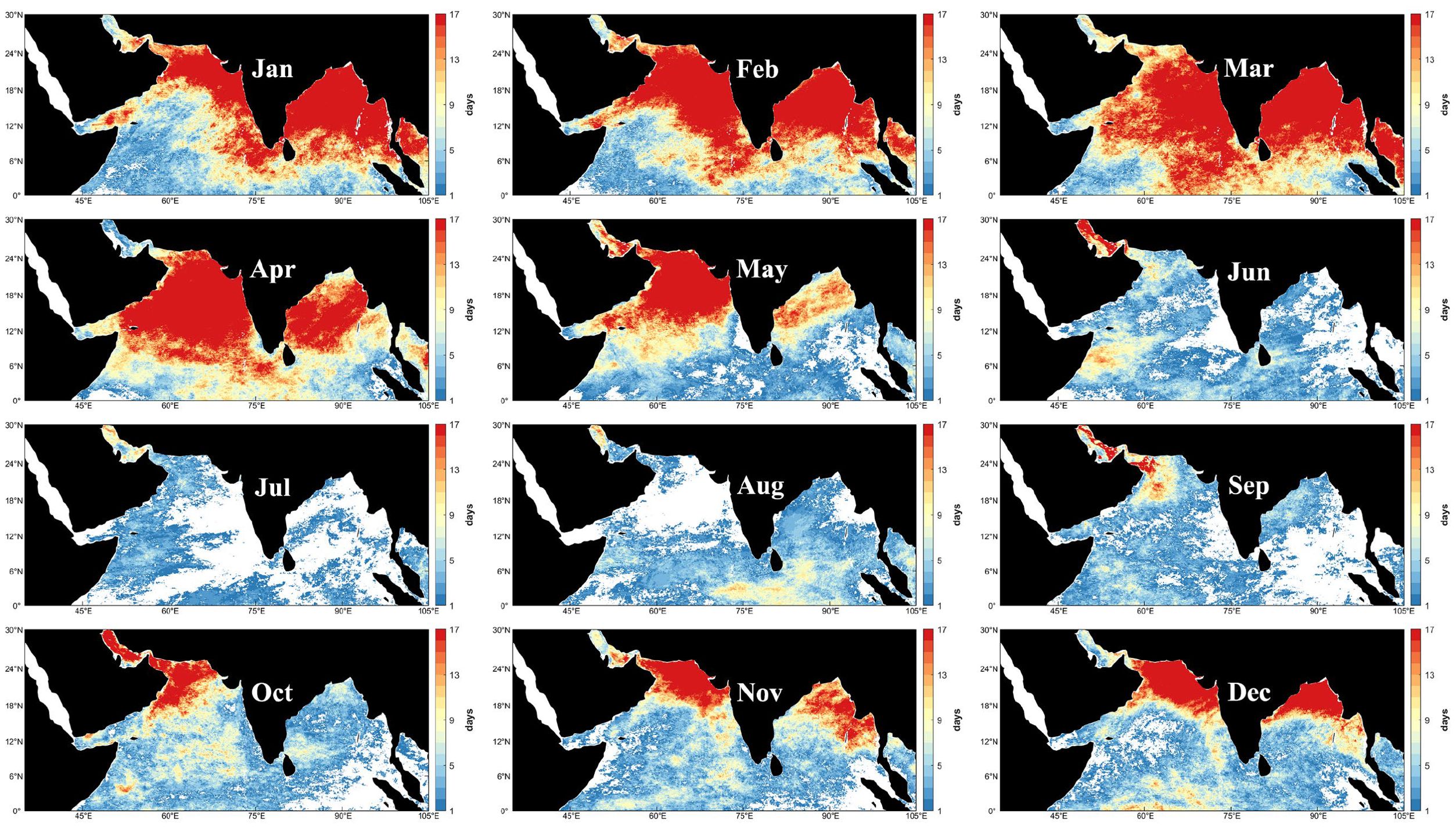 Twelve maps display monthly changes in a specific area from January to December. Each map uses a color gradient from red to blue, indicating a range of days from seventeen (red) to one (blue). The size and location of red areas shift monthly, with more red in early and late months, suggesting a seasonal pattern.