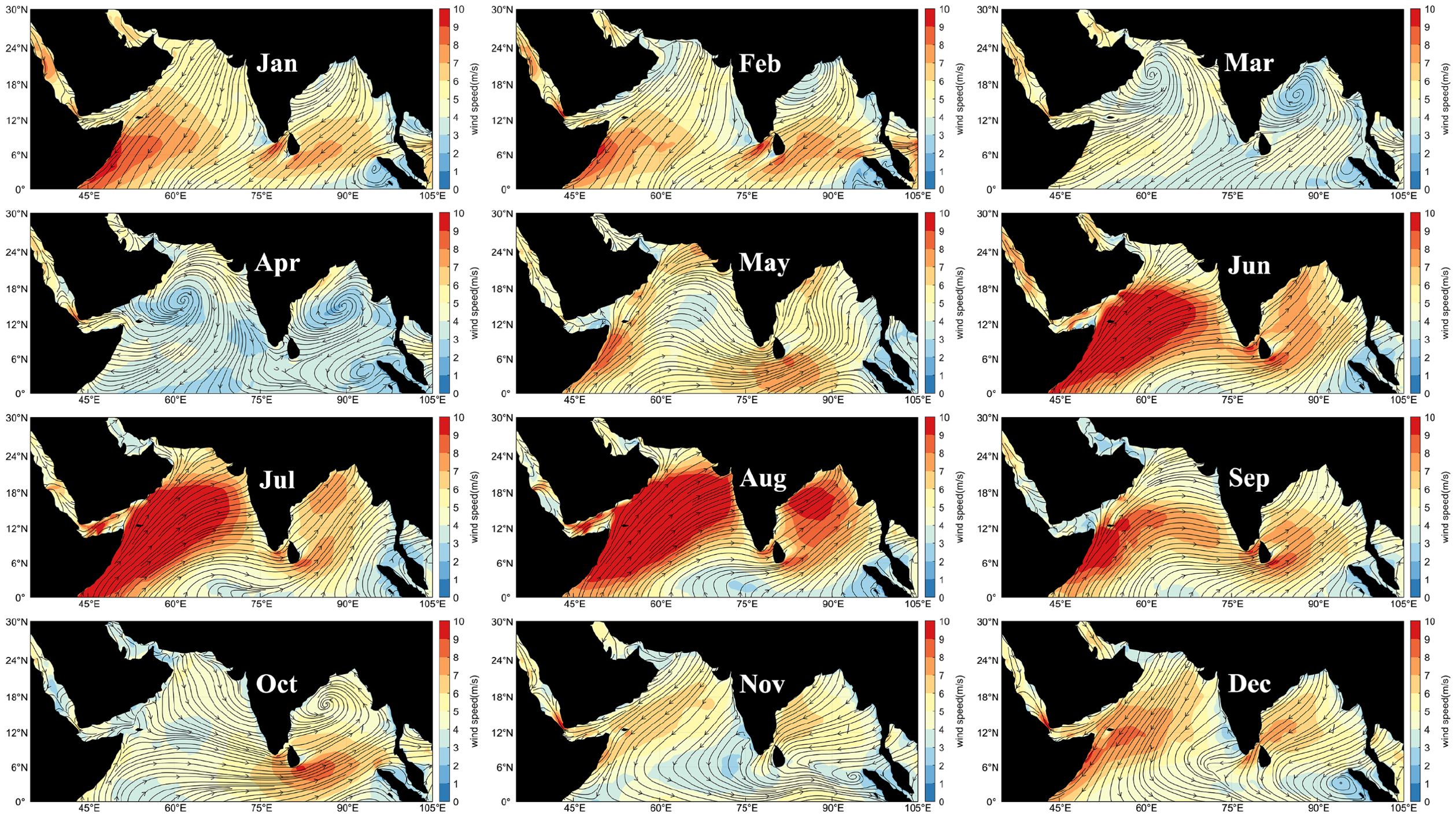 Monthly wind speed maps over a region from January to December. Each map shows wind patterns and speeds, with contour lines and colors indicating different velocities ranging from cool blues for lower speeds to warm reds for higher speeds. The maps highlight notable seasonal variations in wind strength and direction across the year.