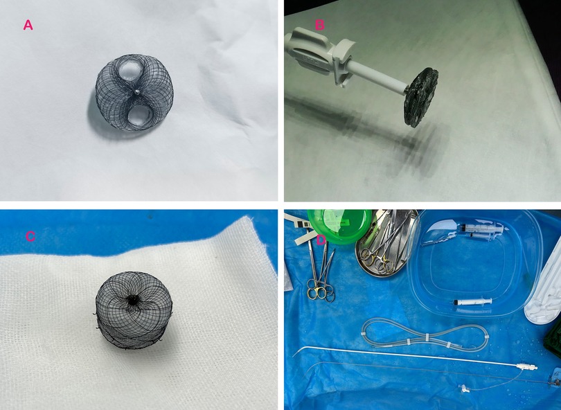 Four-panel image showing a medical device and related equipment. Panel A: A close-up of a mesh medical device on a white surface. Panel B: The device attached to the end of an applicator. Panel C: The device on a white fabric background. Panel D: Surgical tools including scissors, syringes, and tubing arranged on a blue surgical drape.