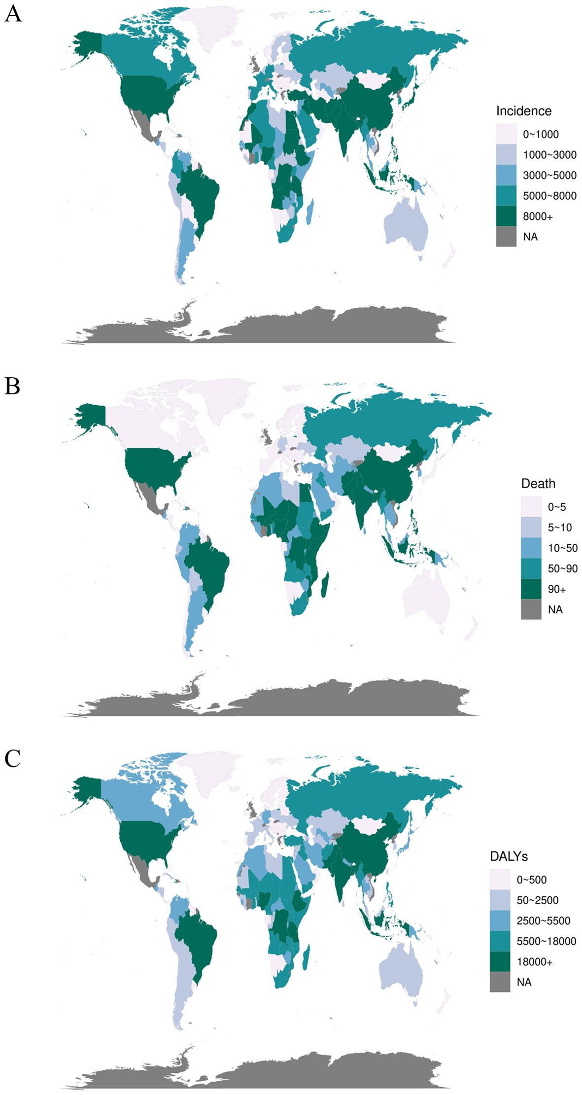 Three world maps labeled A, B, and C depict global data: A shows incidence rates, B illustrates death counts, and C presents Disability-Adjusted Life Years (DALYs), each with a color gradient. Lighter colors indicate lower values, while darker colors indicate higher values. Gray areas represent unavailable data.