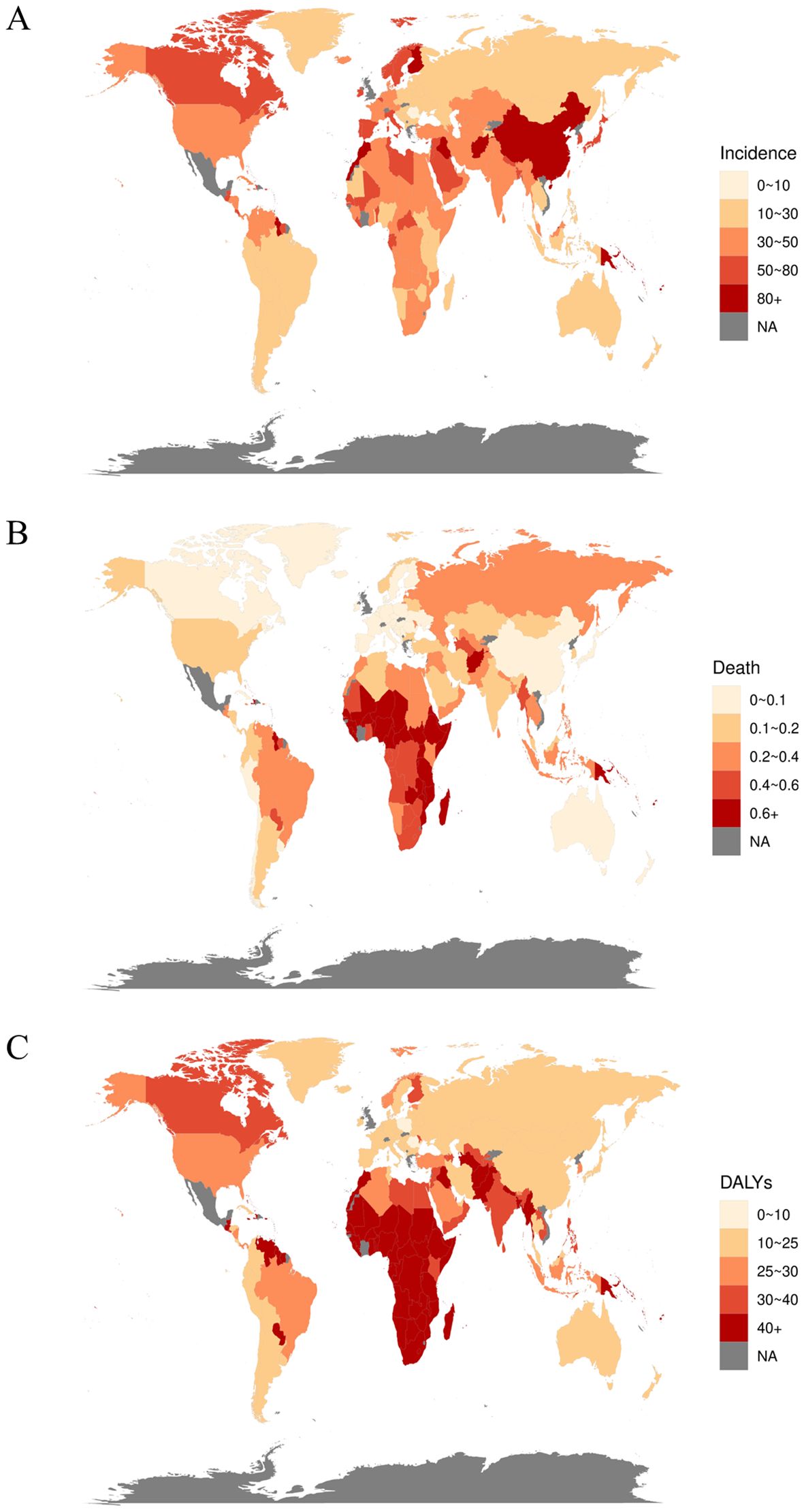 Three world maps labeled A, B, and C show global variations in incidence, death, and Disability-Adjusted Life Years (DALYs) for a certain condition. Map A displays incidence rates, with darker shades indicating higher incidence primarily in Asia. Map B shows death rates, heavily concentrated in central Africa. Map C highlights DALYs, with the highest values again in central Africa. Each map uses a red gradient to represent increasing values, and areas with no data are marked in gray.