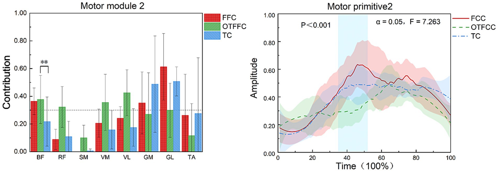 Bar and line graphs analyzing motor module and motor primitive data. Left graph shows contributions of muscles (BF, RF, SM, etc.) for FFC, OTFFC, and TC groups. Right graph depicts amplitude over time for the same groups, with statistical significance noted (P<0.001).