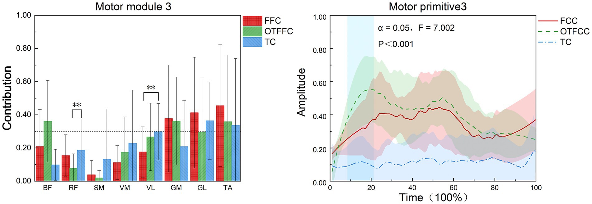 Bar and line graphs illustrating motor module and motor primitive data. The left graph shows contributions by different muscle groups (BF, RF, SM, VM, VL, GM, GL, TA) in three conditions (FFC, OTFFC, TC) with error bars. The right graph depicts amplitude changes over time for the same conditions, with statistical significance indicated (α = 0.05, F = 7.002, P < 0.001).